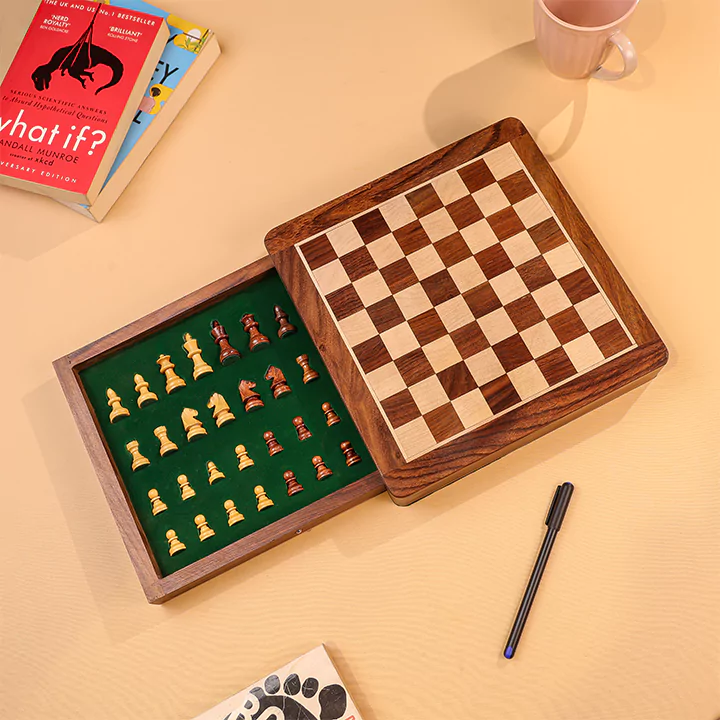 10" Flat Wooden Magnetic Chess Set With In Built Drawer Chest for Chess Pieces Storage - Image 4