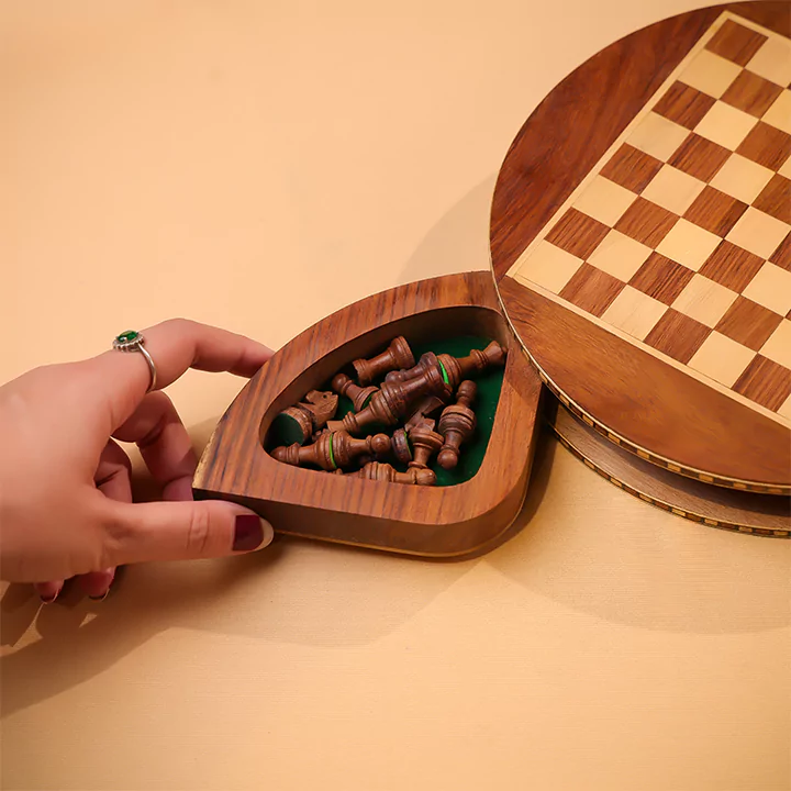 10" Round Wooden Magnetic Chess Set With In Built Drawer Chest for Chess Pieces Storage - Image 3