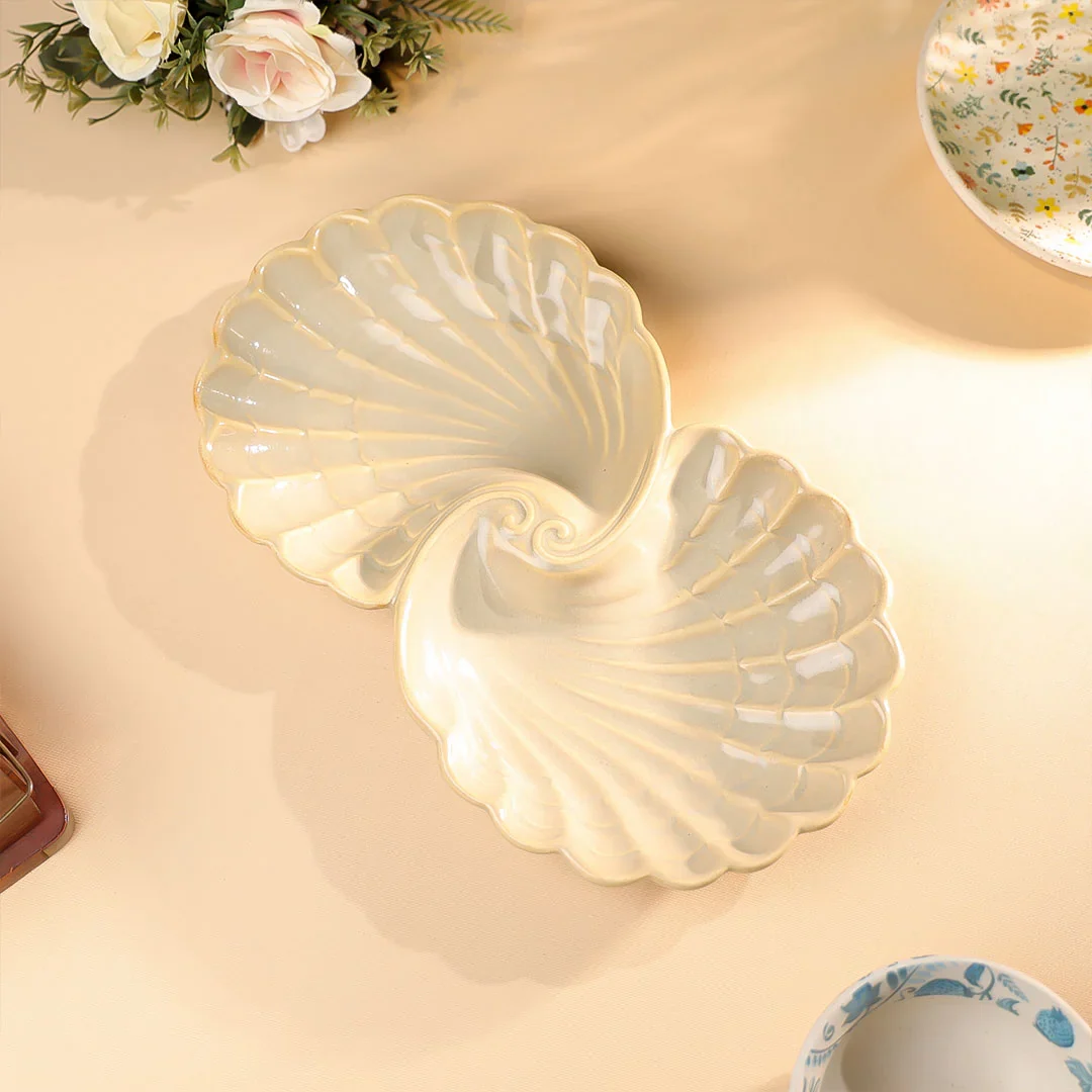 12" Studio Pottery Embossed Twin Shell Platter - Image 10