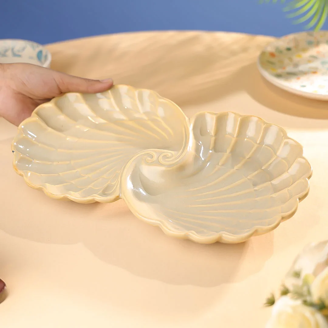 12" Studio Pottery Embossed Twin Shell Platter - Image 11