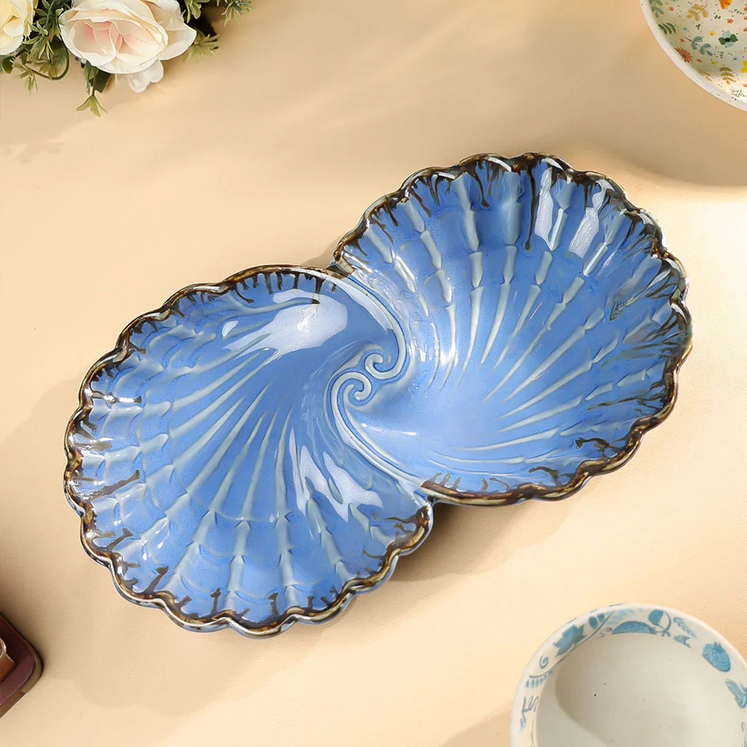 12" Studio Pottery Embossed Twin Shell Platter - Image 5