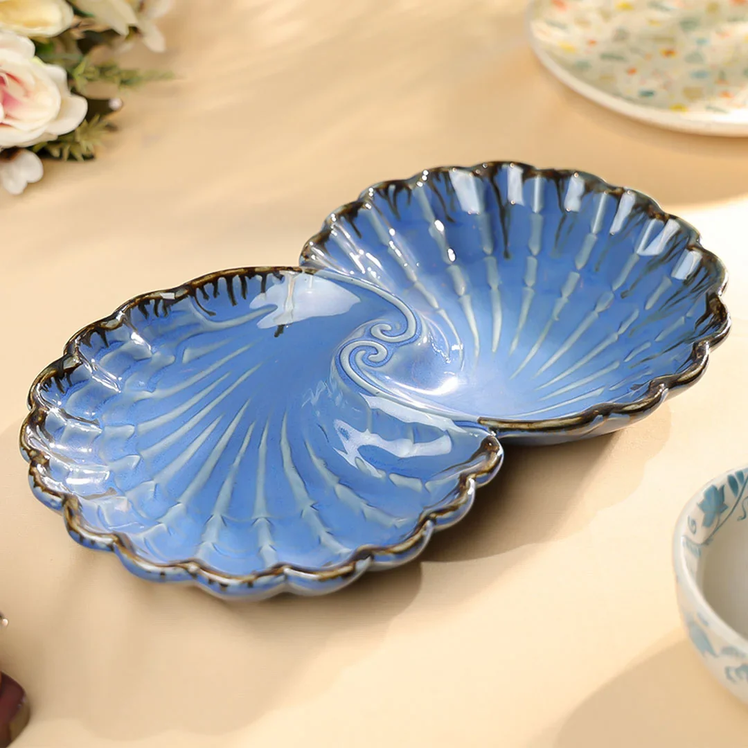 12" Studio Pottery Embossed Twin Shell Platter - Image 7