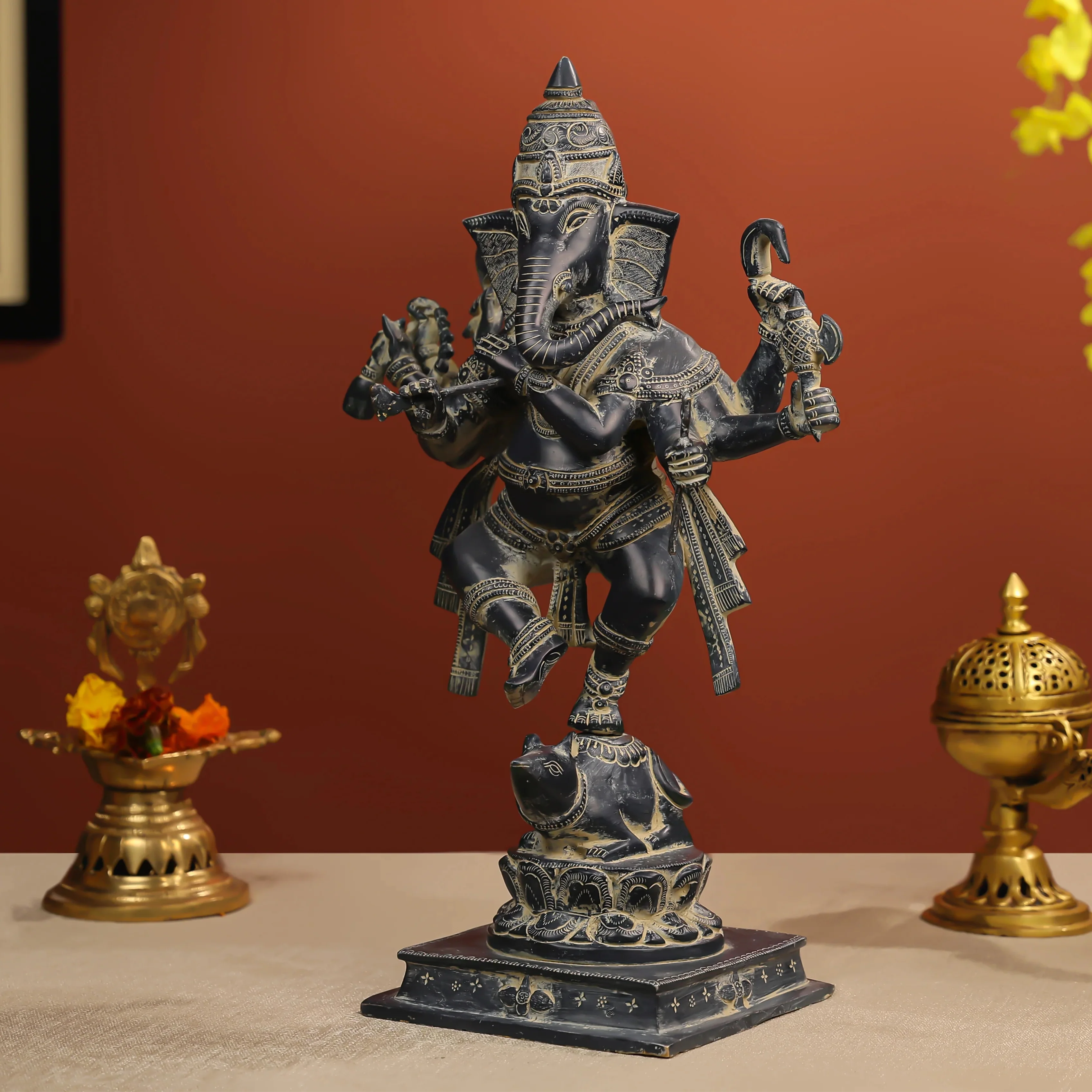 19" Coloured Brass Lord Ganesha Dancing Idol With 8 Hands
