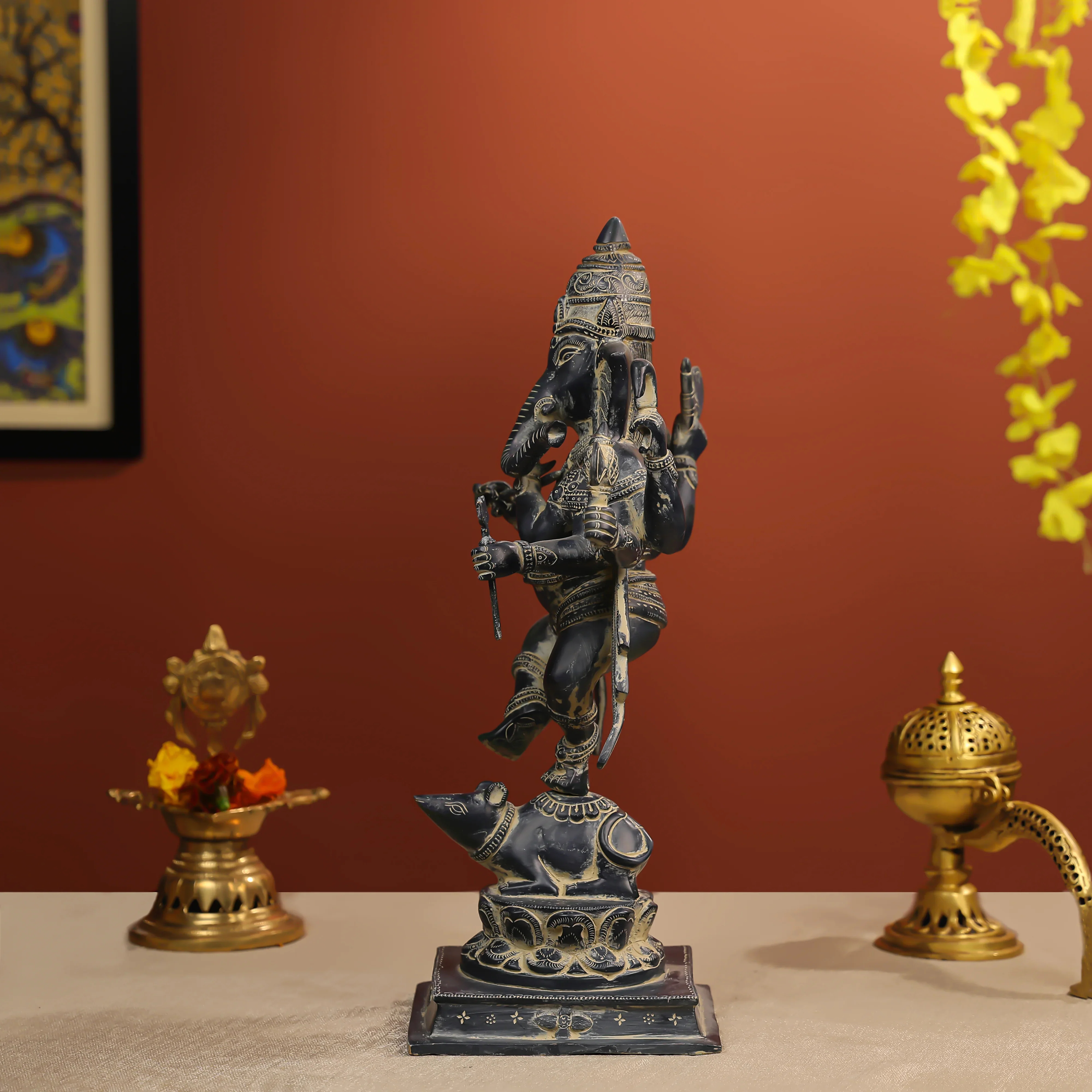 19" Coloured Brass Lord Ganesha Dancing Idol With 8 Hands - Image 3