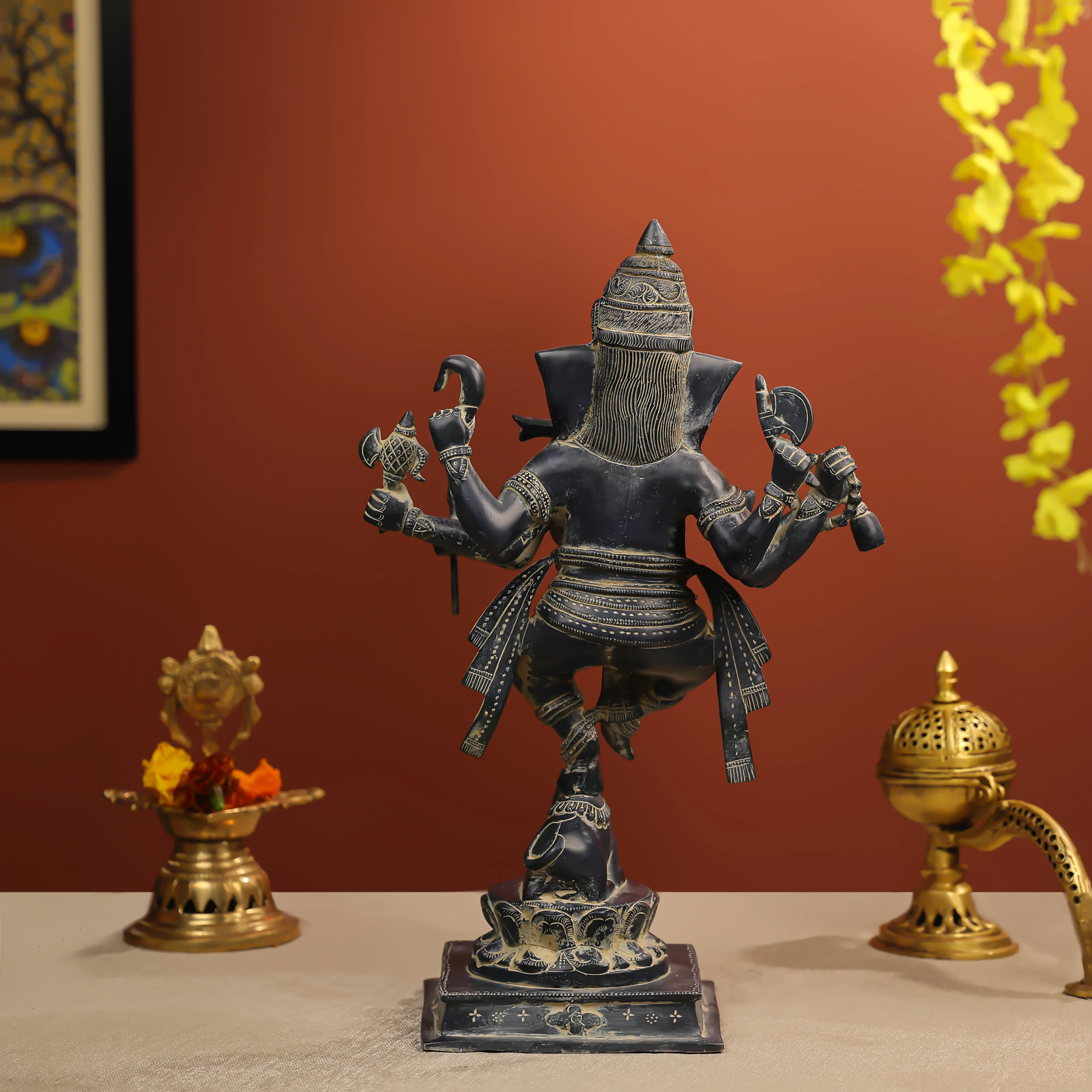 19" Coloured Brass Lord Ganesha Dancing Idol With 8 Hands - Image 4