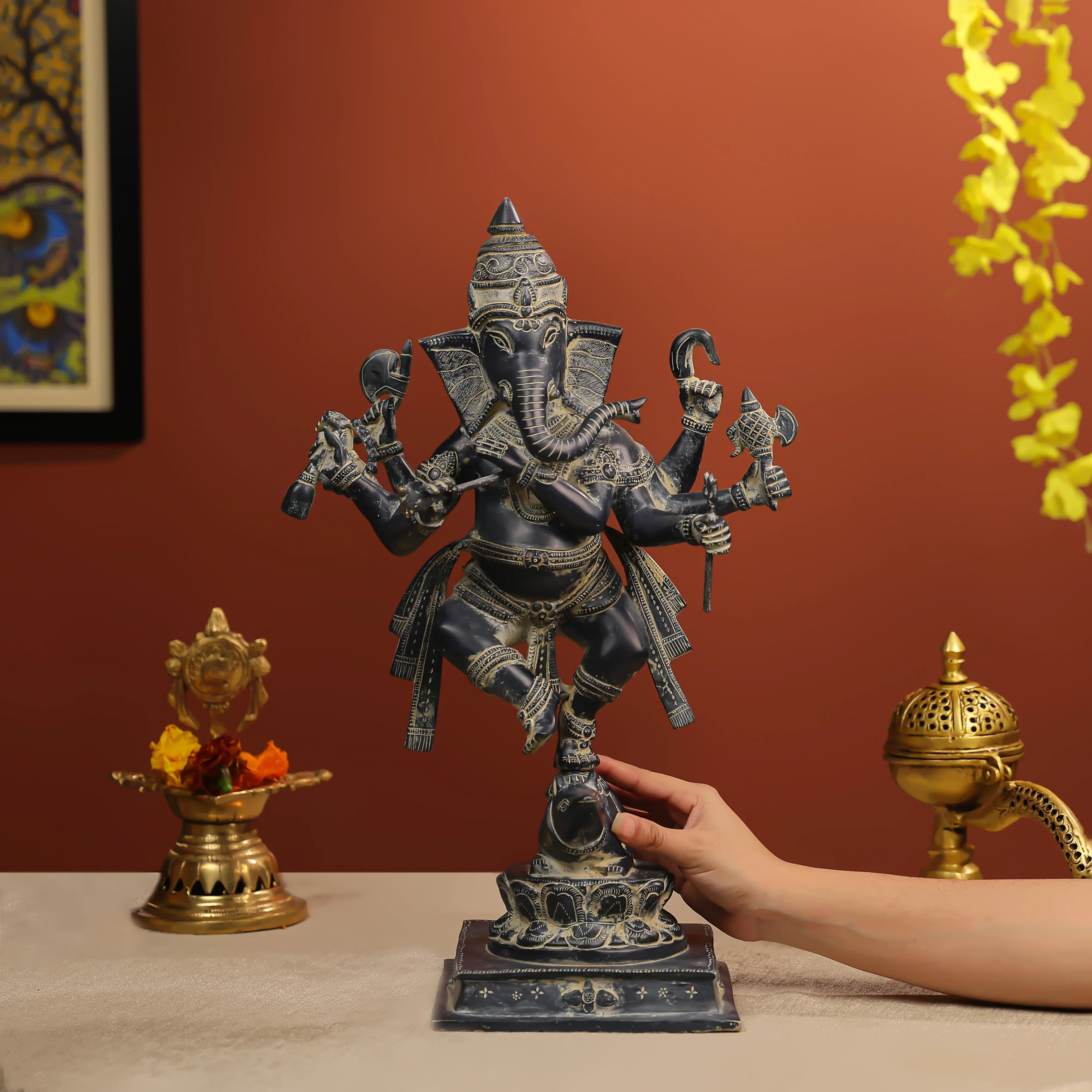 19" Coloured Brass Lord Ganesha Dancing Idol With 8 Hands - Image 5