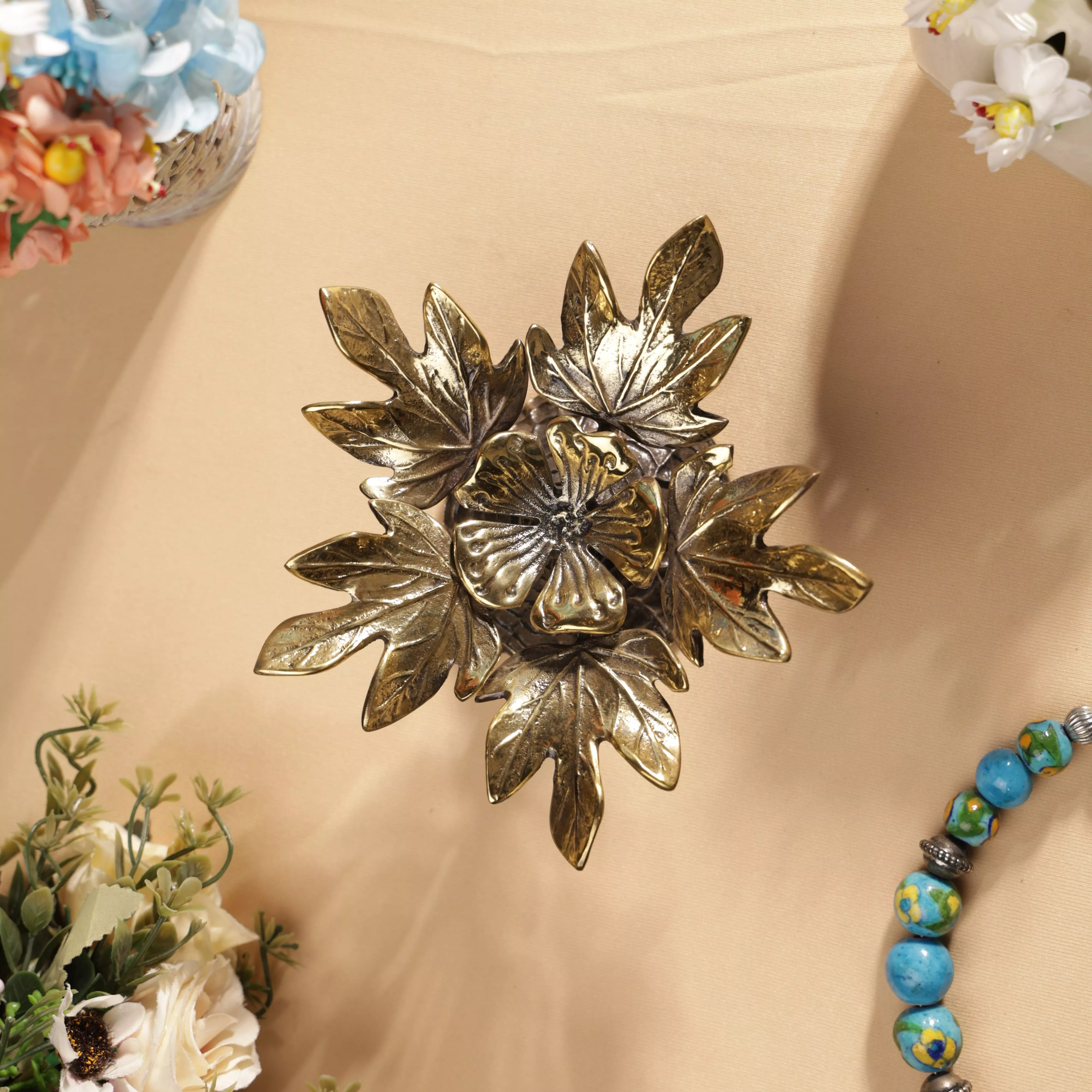 Antique Finish Brass Flower With Maple Leaves Table Decor - Image 3