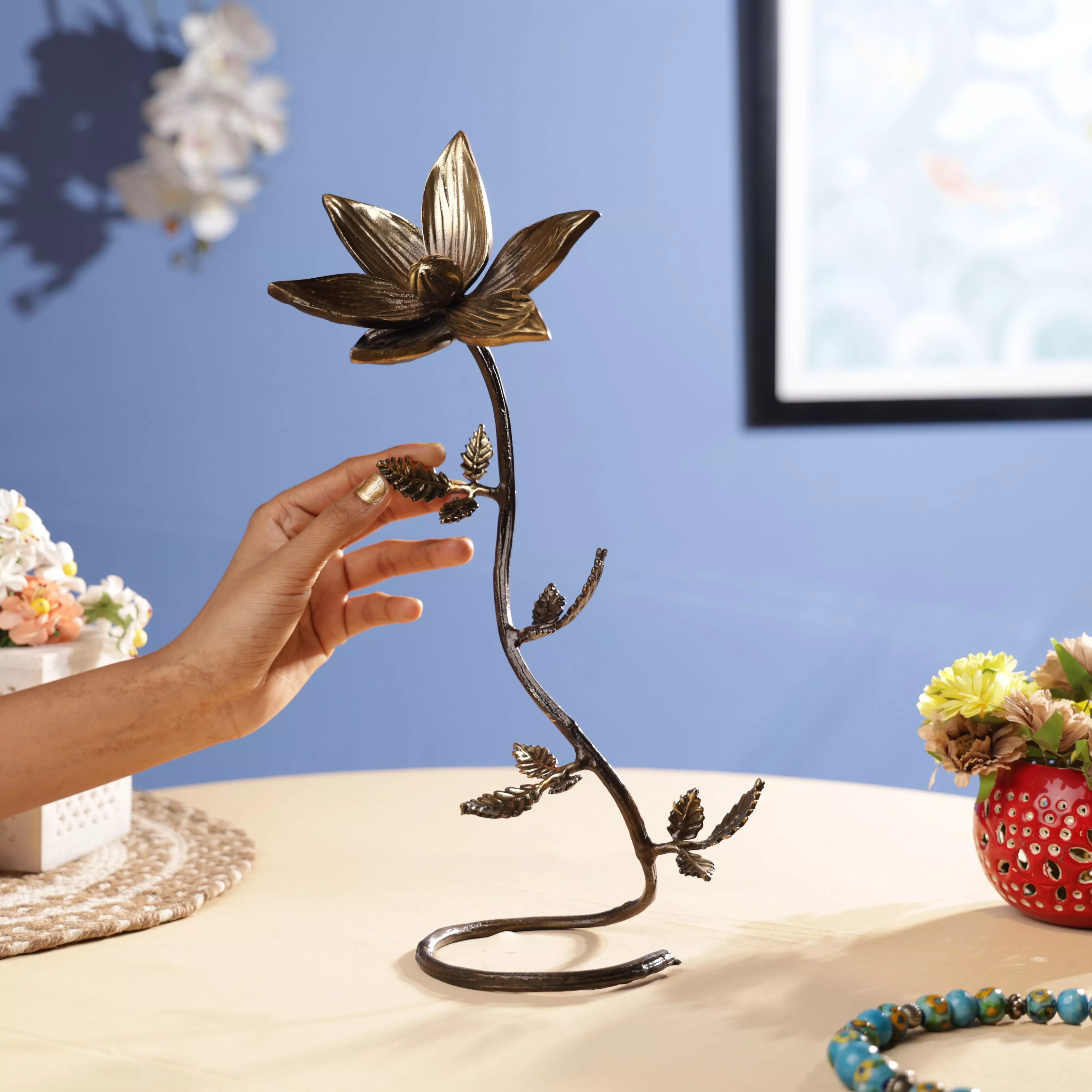Antique FInish Brass Lotus Flower Twig Table Decor - Image 5