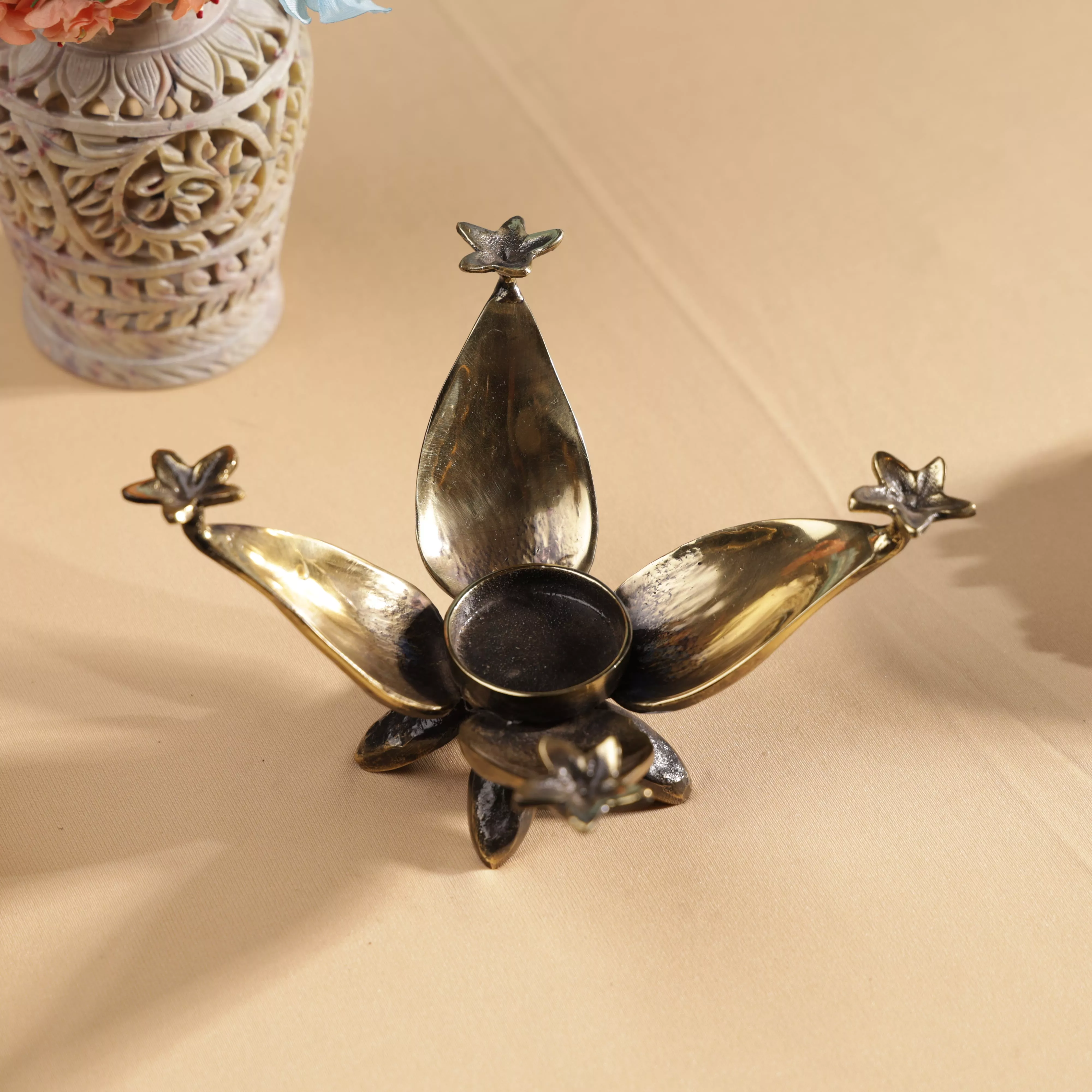 Antique Finish Brass Lotus & Jasmine Flowers T-Light Candle Holder - Image 4