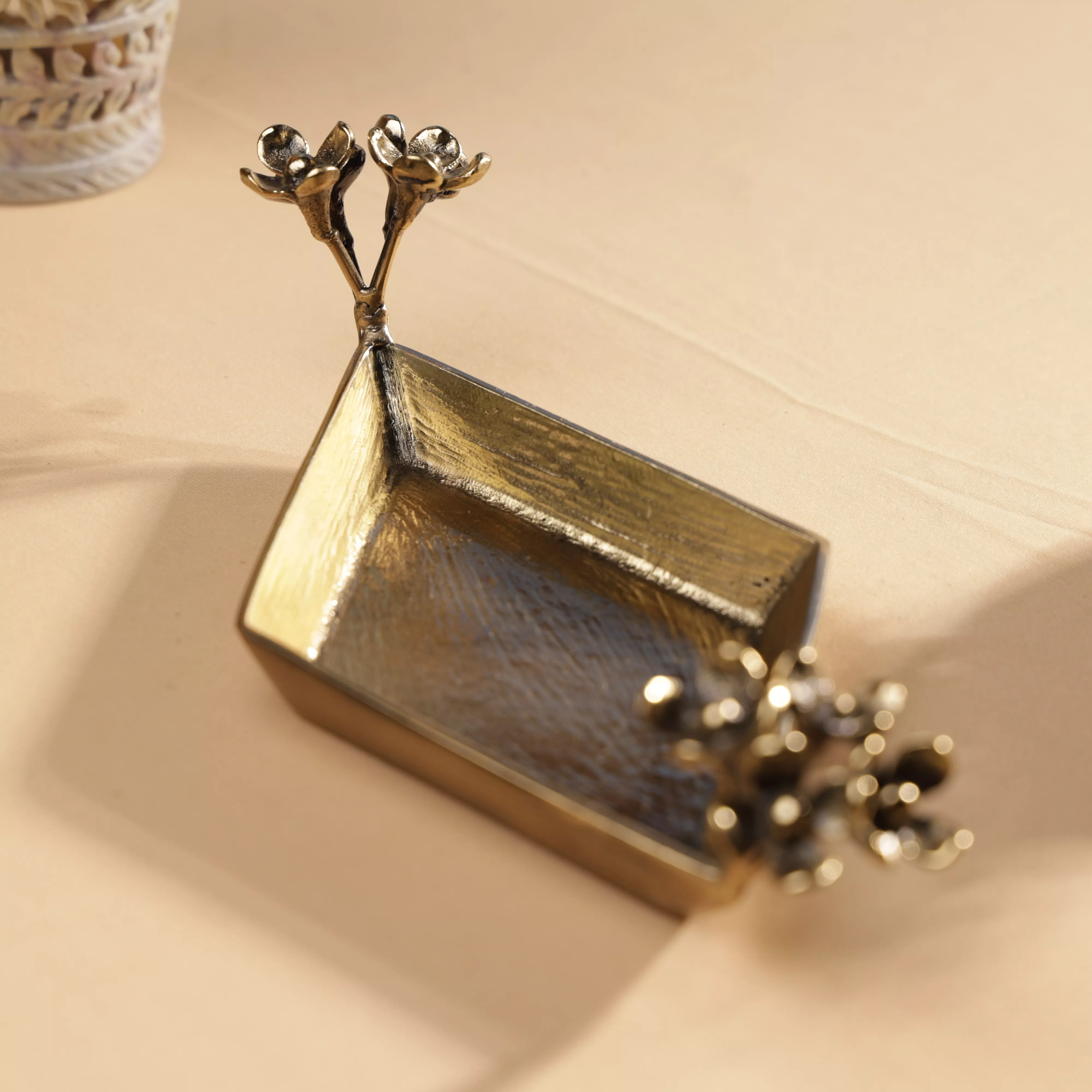 Antique Finish Brass Pulmeria Flower Edged Rhombus Platter - Image 7