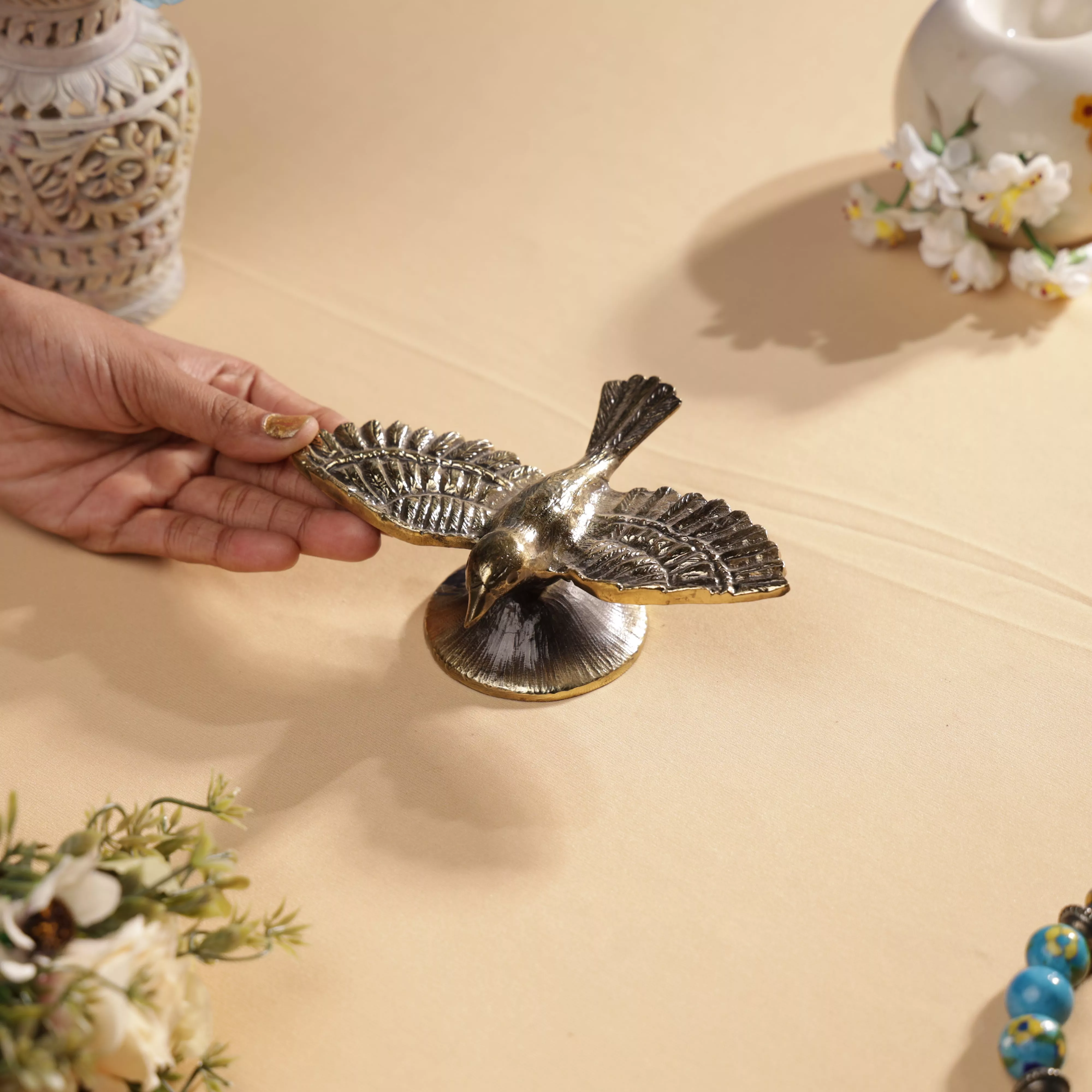 Antique FInsh Brass Sparrow In Flight Table Decor - Image 3
