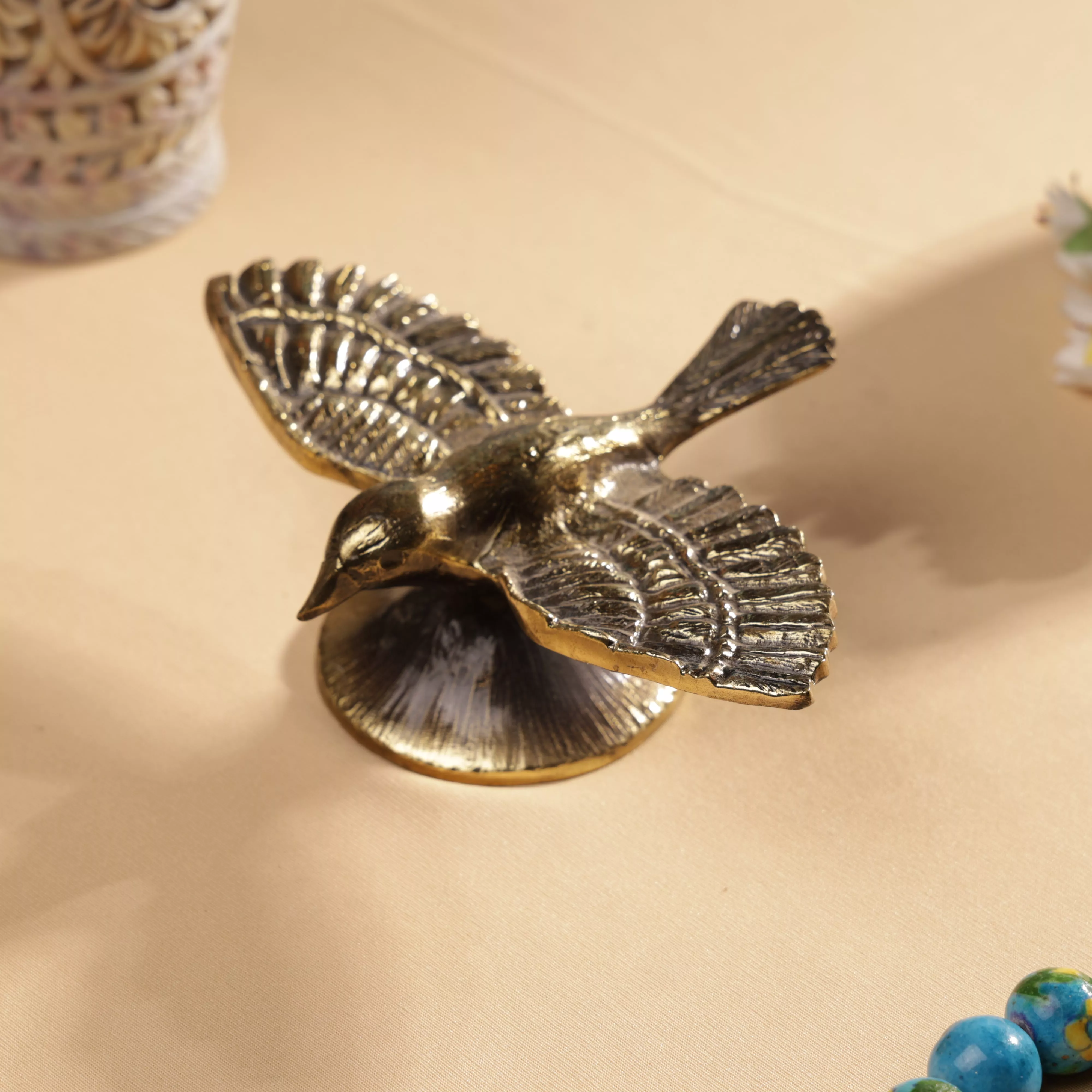 Antique FInsh Brass Sparrow In Flight Table Decor - Image 4