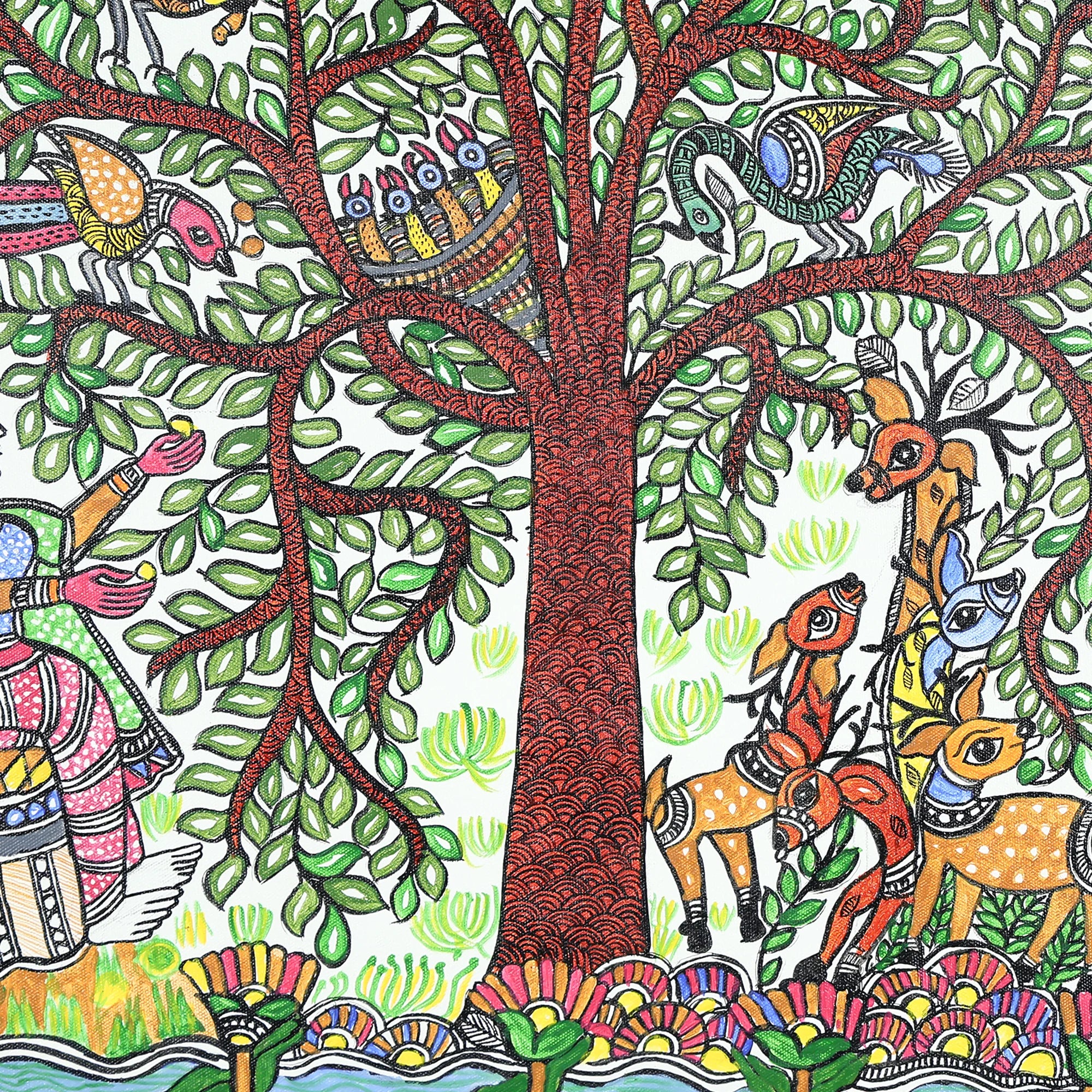 Hand-Painted Artwork of Woman, Birds, and Deer in Nature - Image 3