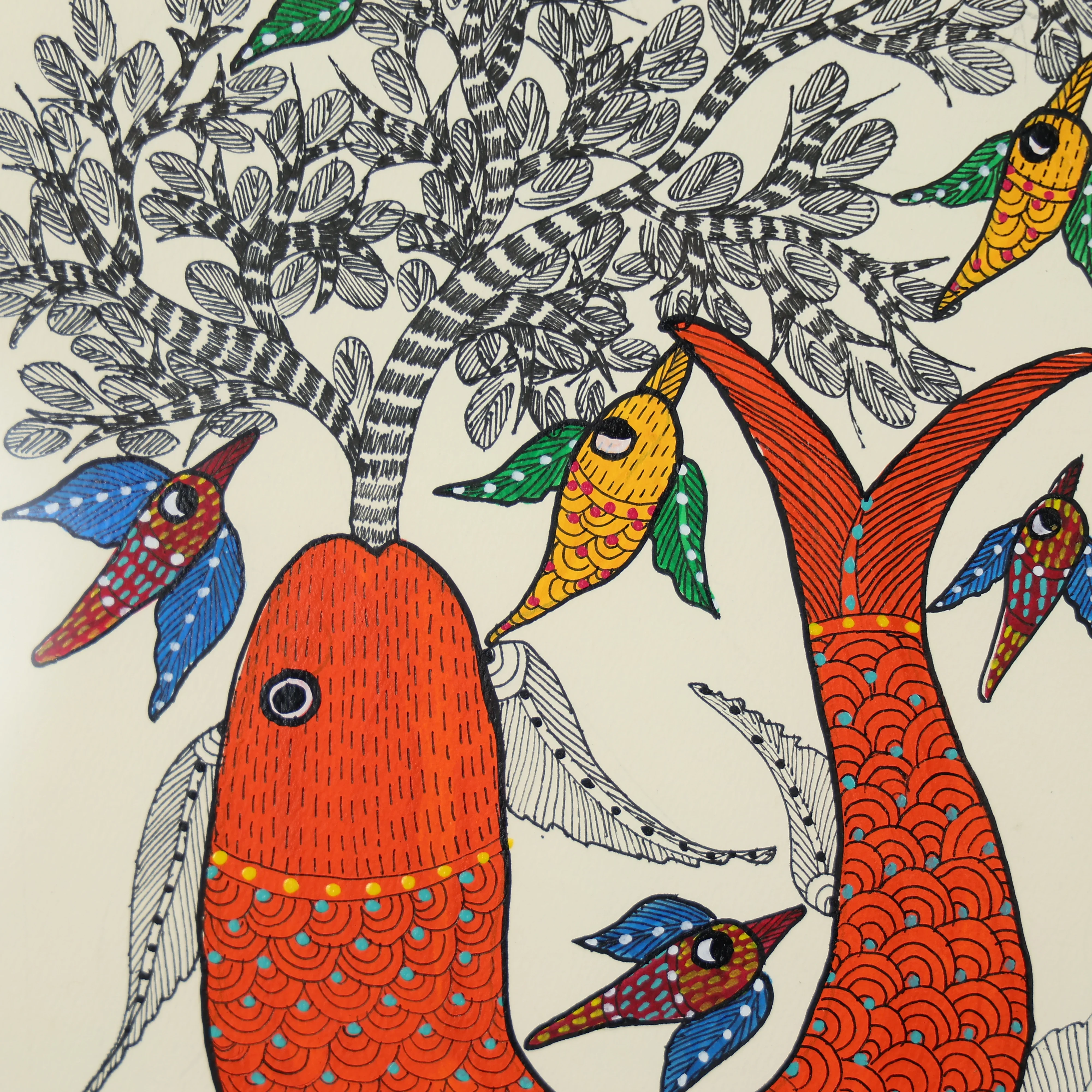 Beautiful Tribal Art Of A Fish And Birds - Image 5