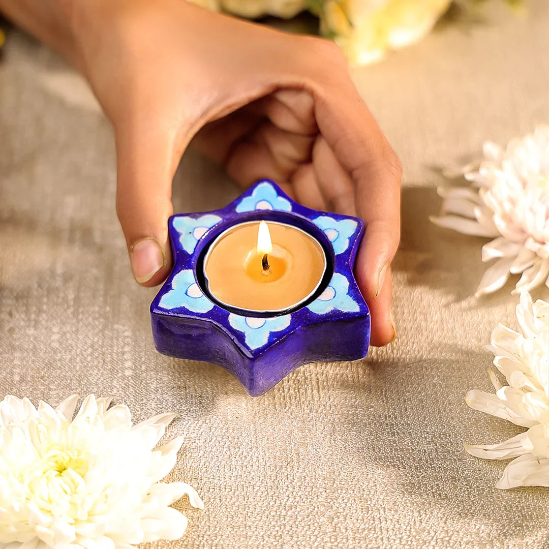 3" Blue Pottery Star Shaped T-Light Candle Holder Set of 2 - Image 3