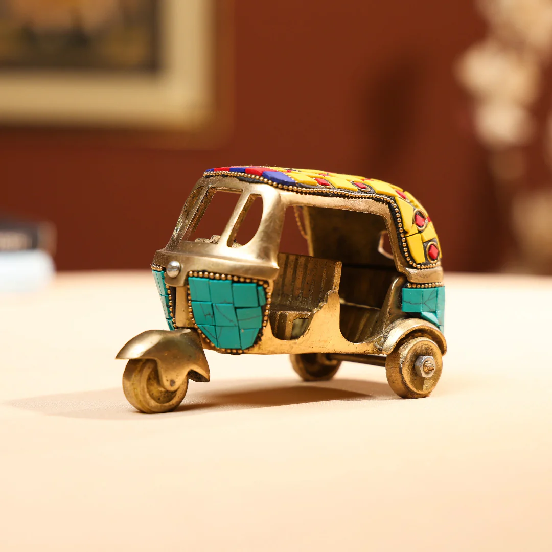 Brass Auto Rickshaw with Stonework - Large