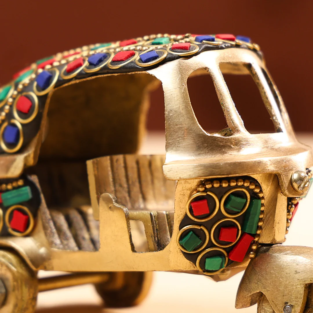 Brass Auto Rickshaw  with Stonework - Small - Image 2