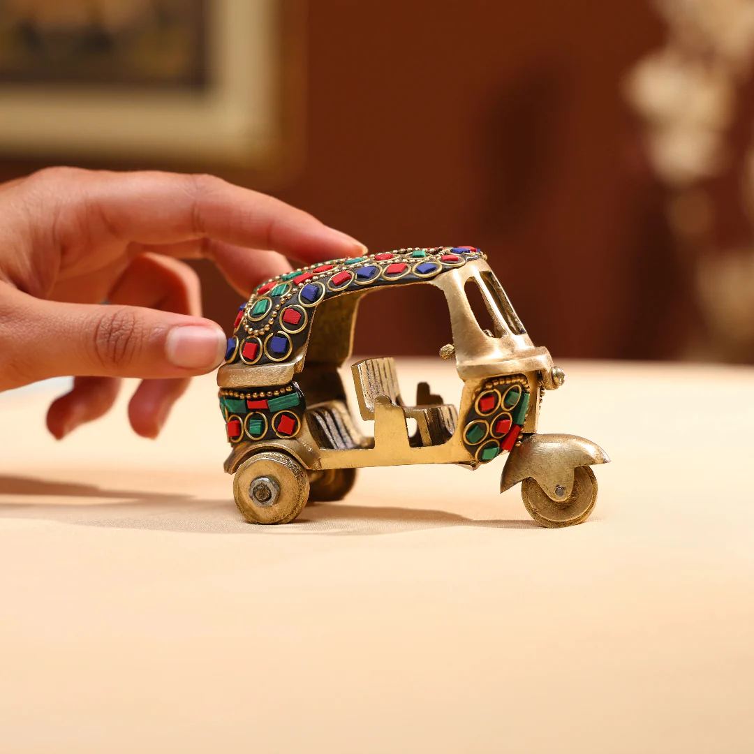 Brass Auto Rickshaw  with Stonework - Small - Image 4