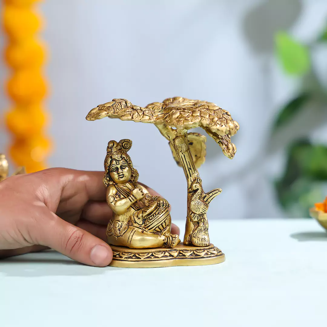 5" Super Fine Brass Makhan Krishna Under Tree Idol - Image 3