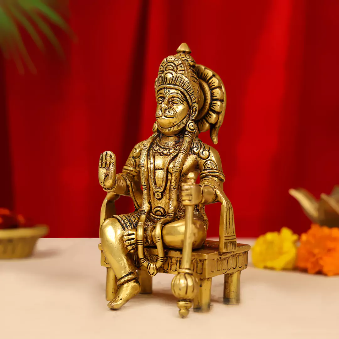 7" Brass Blessing Hanuman Idol Seated On A Chowki - Image 3