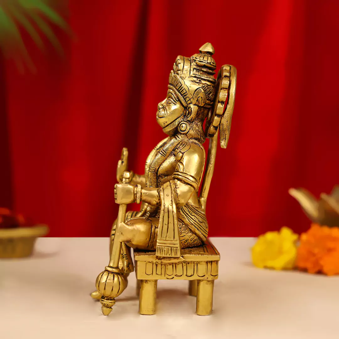 7" Brass Blessing Hanuman Idol Seated On A Chowki - Image 4