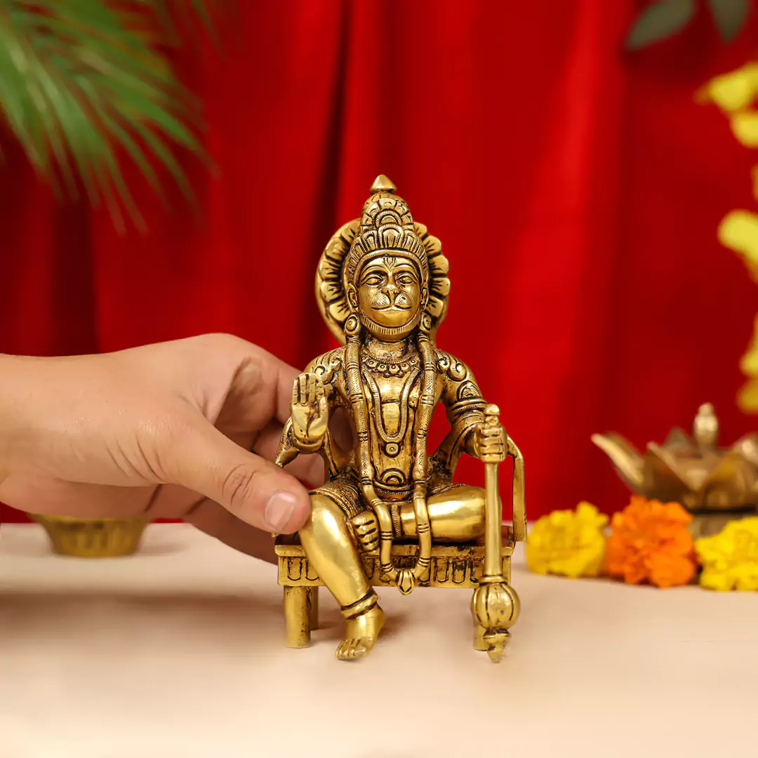 7" Brass Blessing Hanuman Idol Seated On A Chowki - Image 5