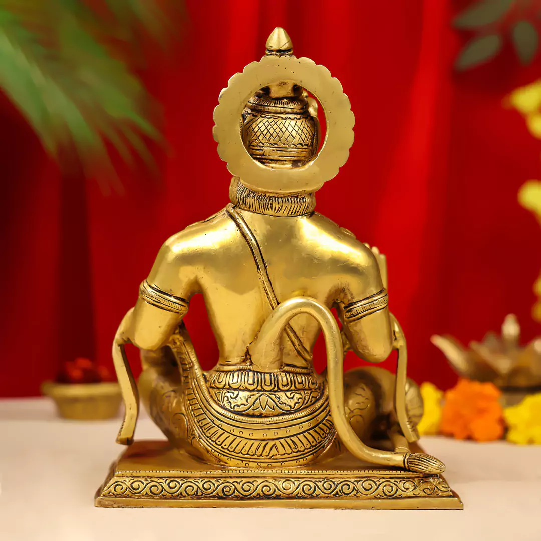 10" Brass Blessing Lord Hanuman Idol Seated Cross Legged - Image 5