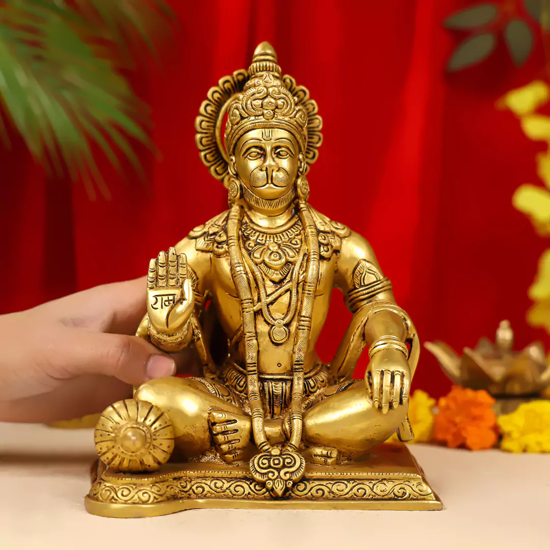 10" Brass Blessing Lord Hanuman Idol Seated Cross Legged - Image 6