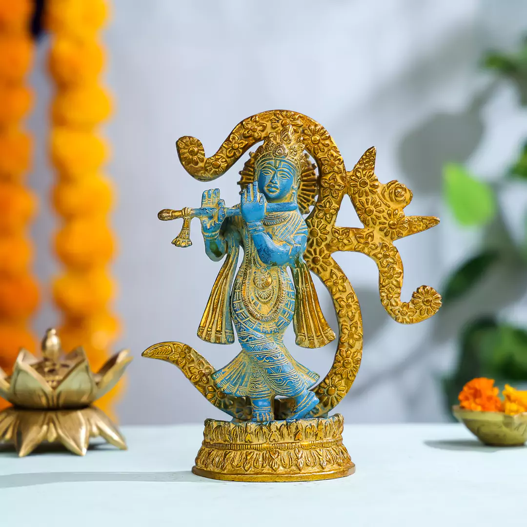 8" Coloured Brass Lord Krishna With OM Signage