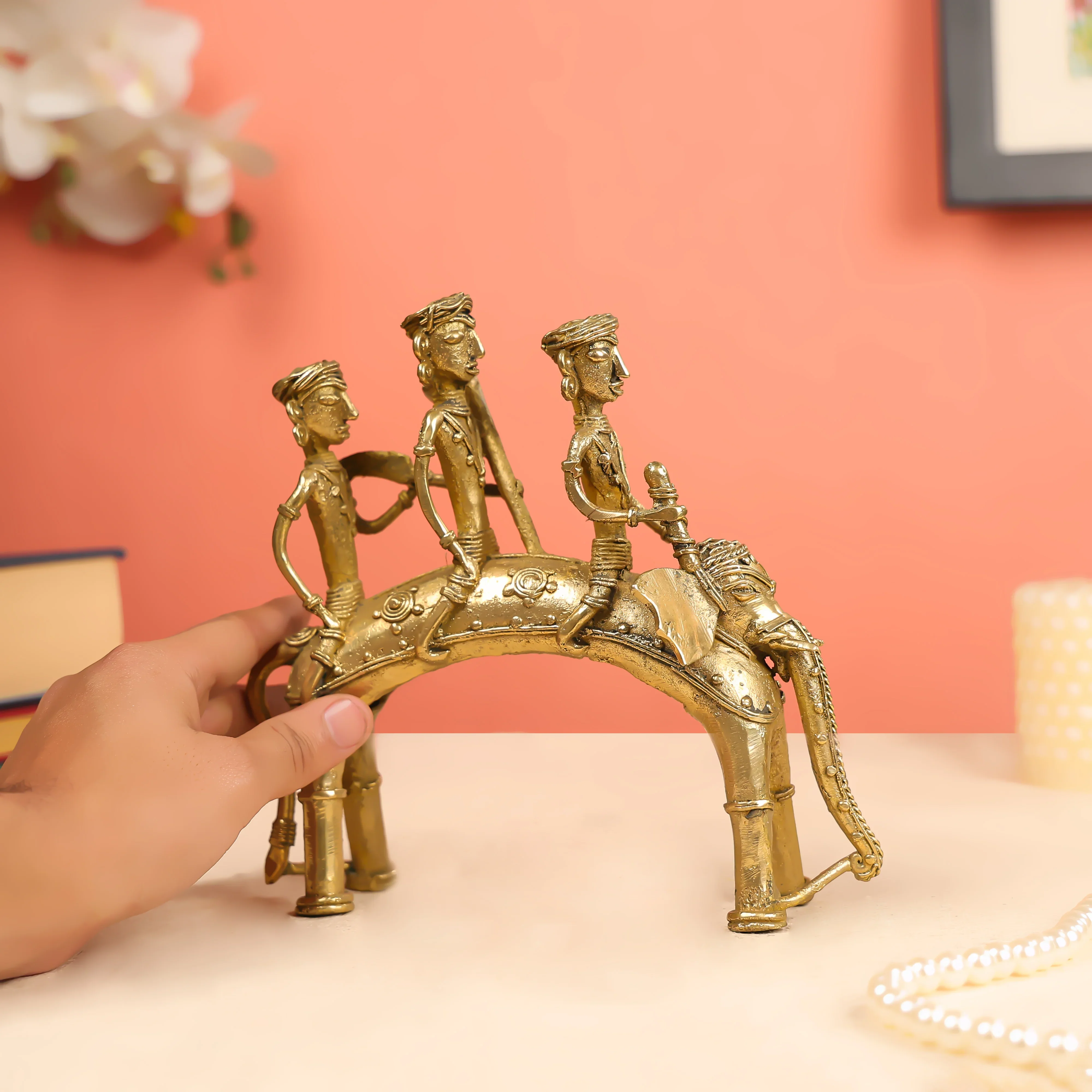 8" Brass Cafted Dhokra Elephant Carrying 3 Persons Table Decor - Image 4