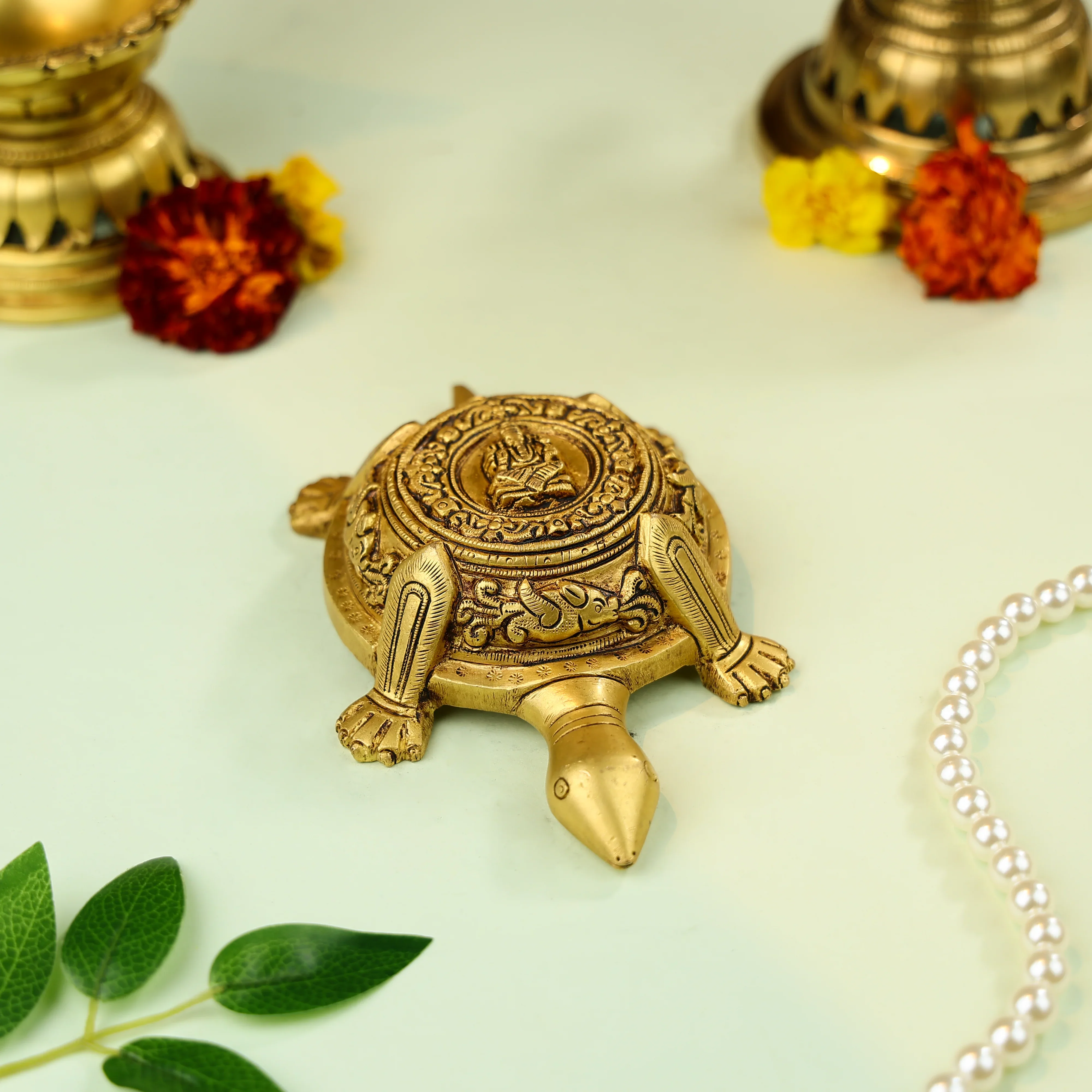 7" Brass Carved Vastu Tortoise With Ganesha Figure - Image 3