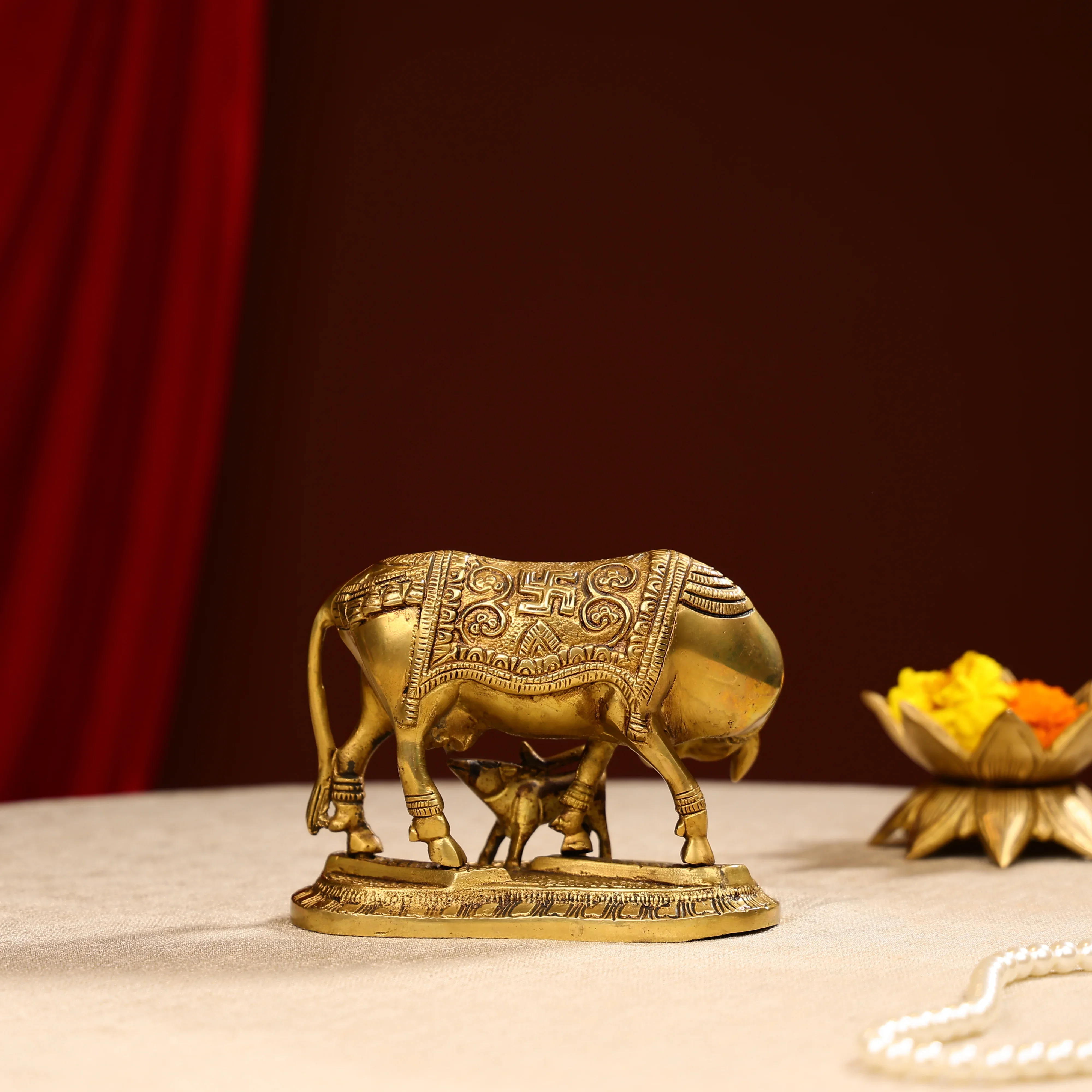 Brass Cow And Calf With Om Sign Carved - Image 3