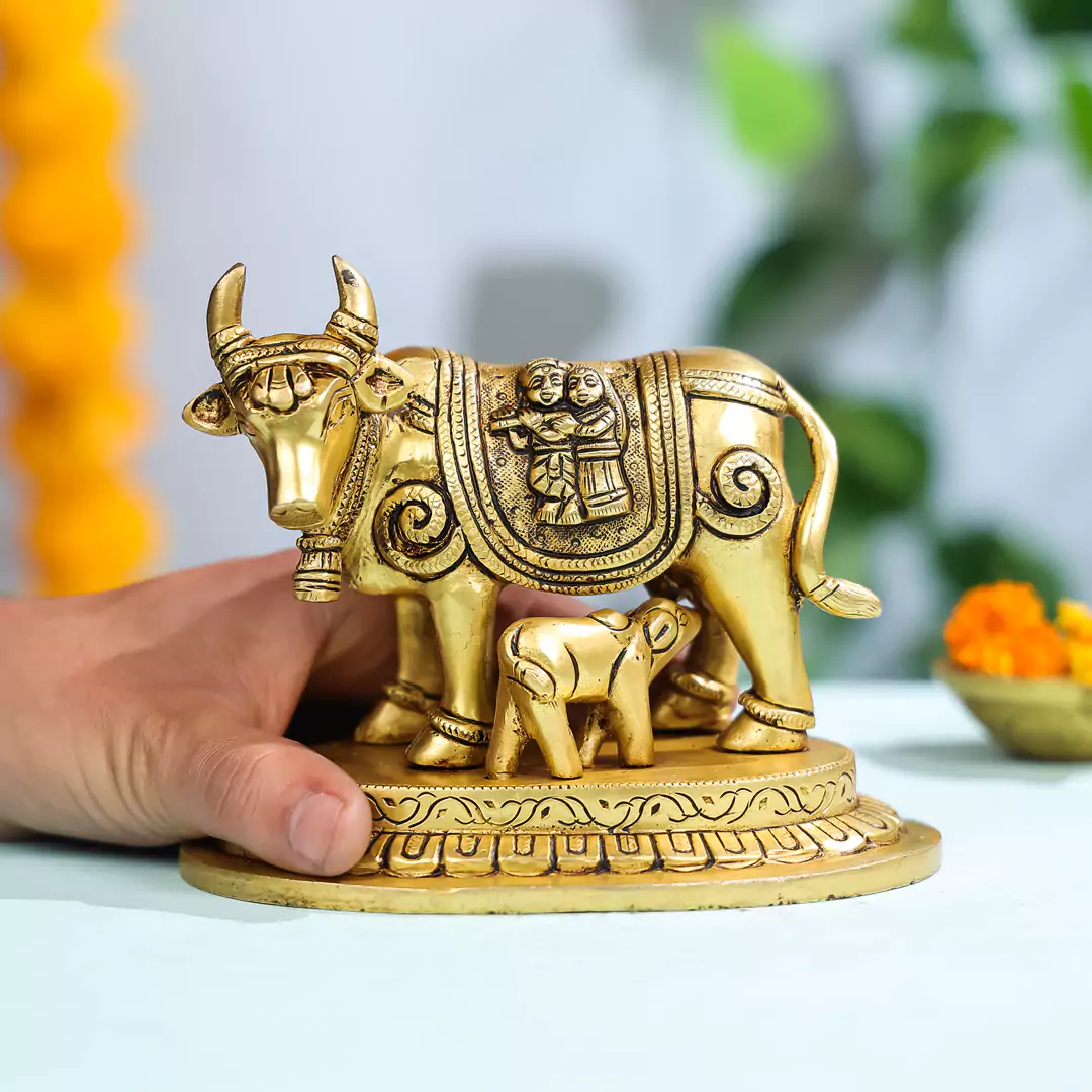 5" Brass Cow & Calf With Carved Radha Krishna Idol - Image 3