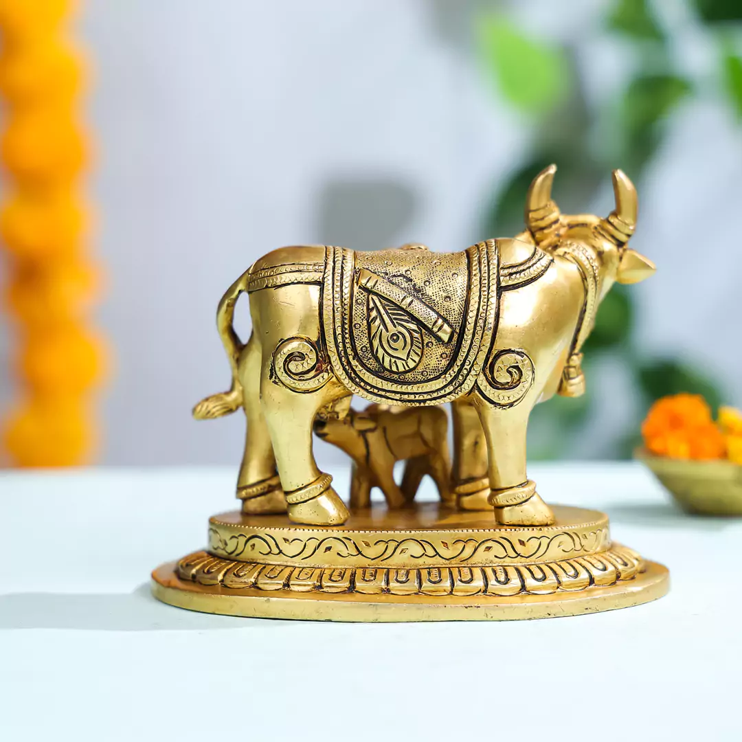 5" Brass Cow & Calf With Carved Radha Krishna Idol - Image 4