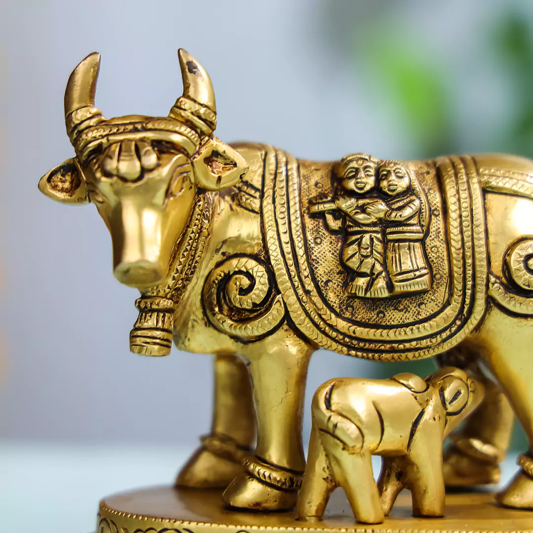 5" Brass Cow & Calf With Carved Radha Krishna Idol - Image 5