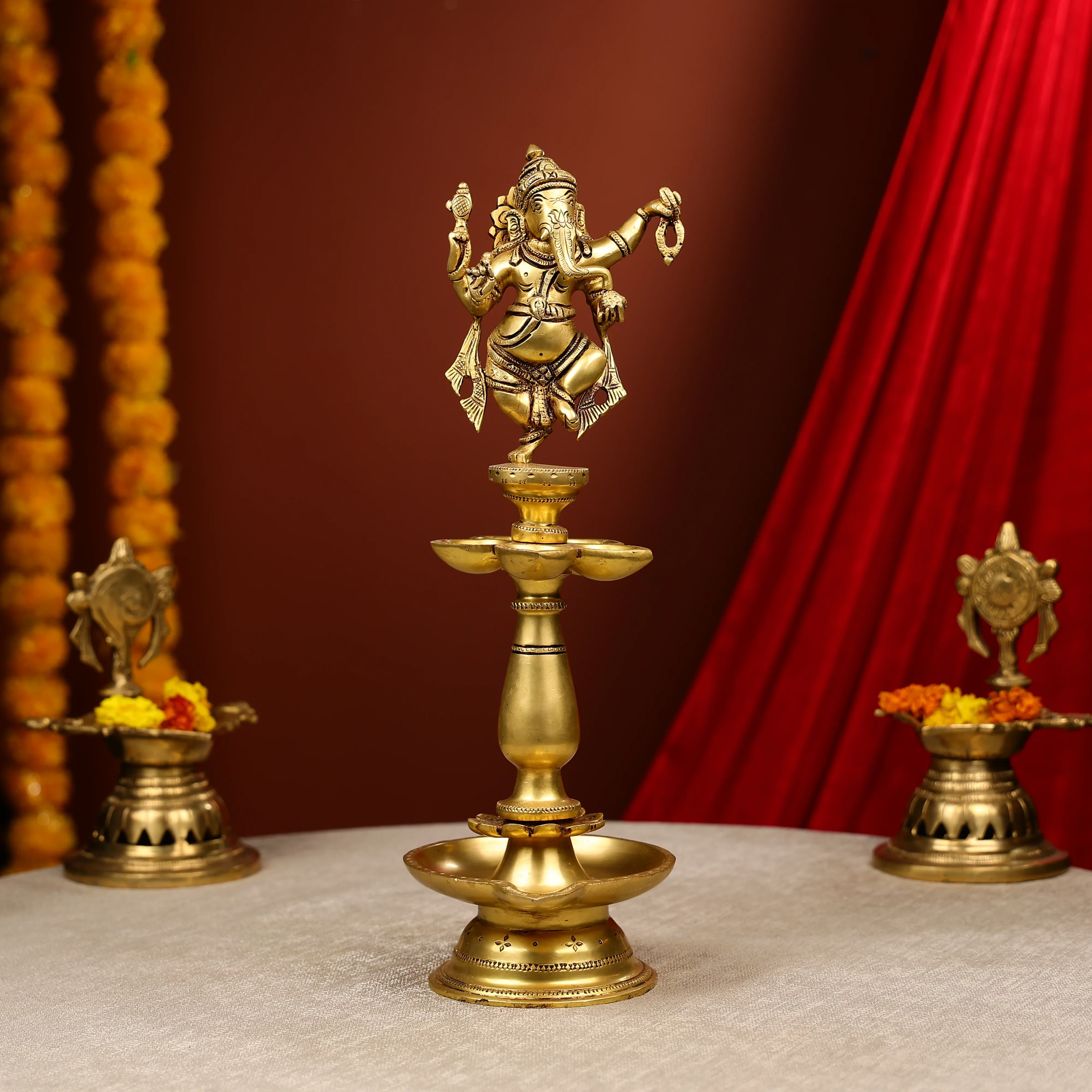 16" Super Fine Brass Lord Ganesha Dancing Long Diya With 6 Lights