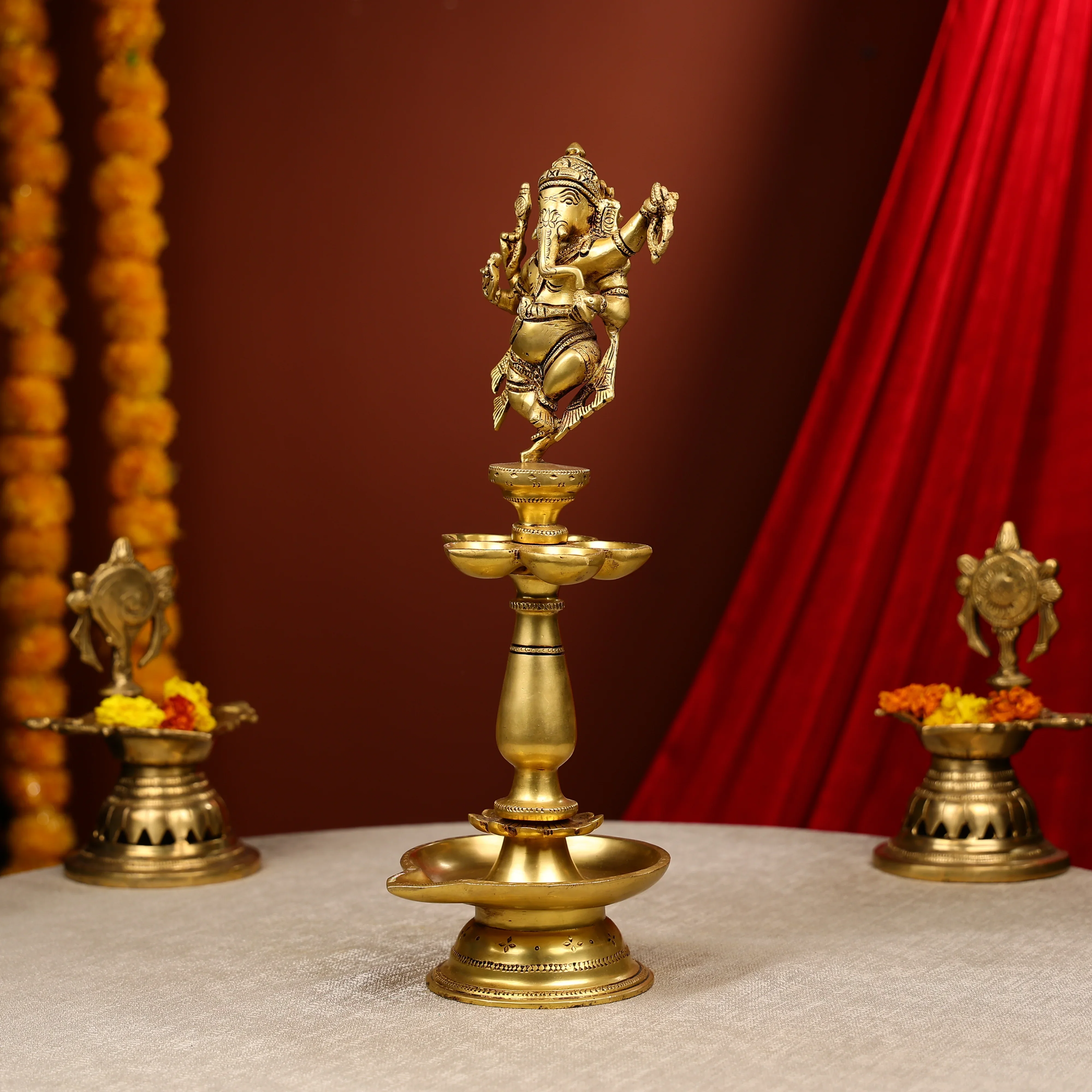 16" Super Fine Brass Lord Ganesha Dancing Long Diya With 6 Lights - Image 2