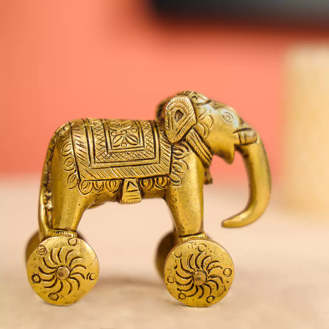 3.5" Brass Elephant On Wheels Toy - Image 3