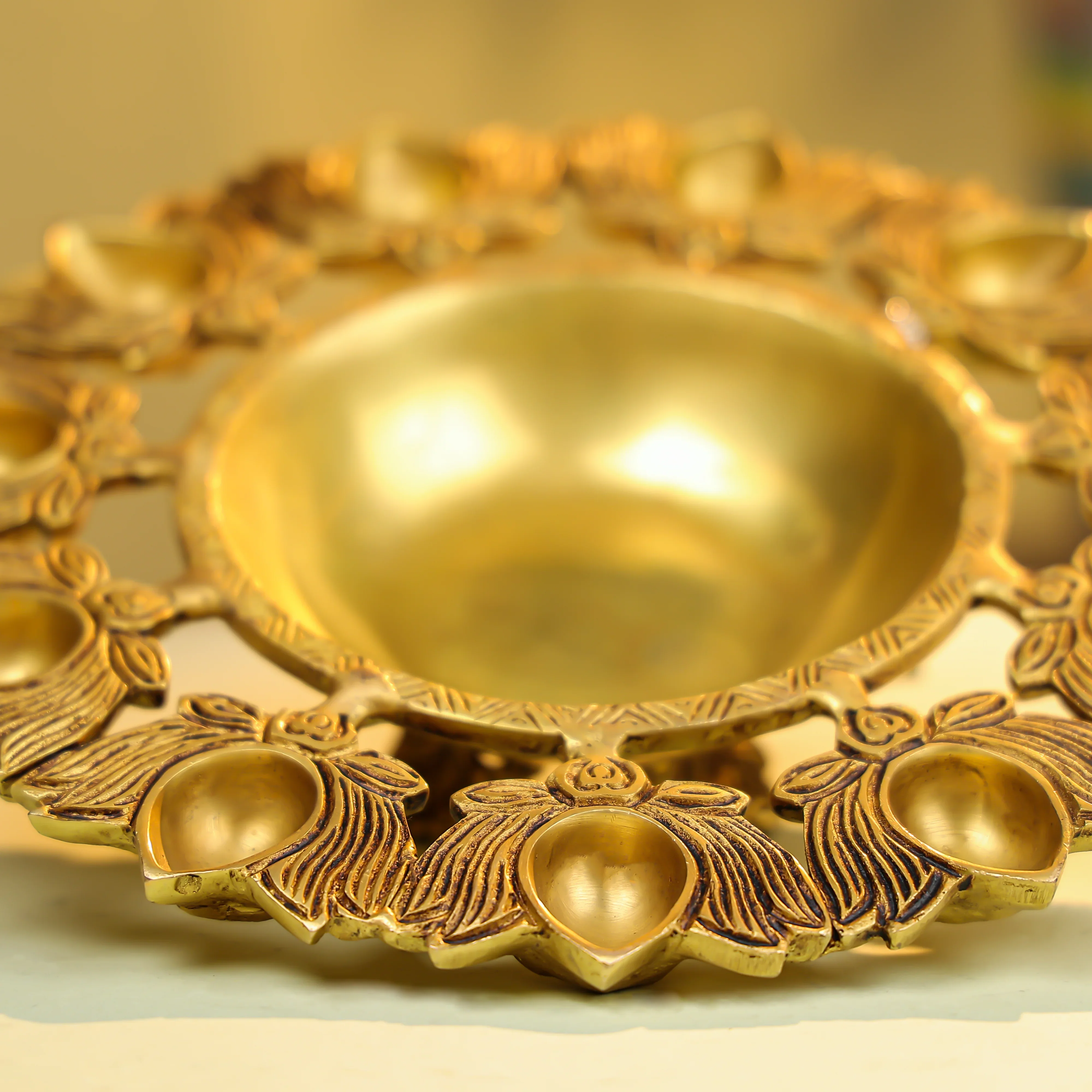 9" Brass Eleven Lotus Diya Urli - Image 3