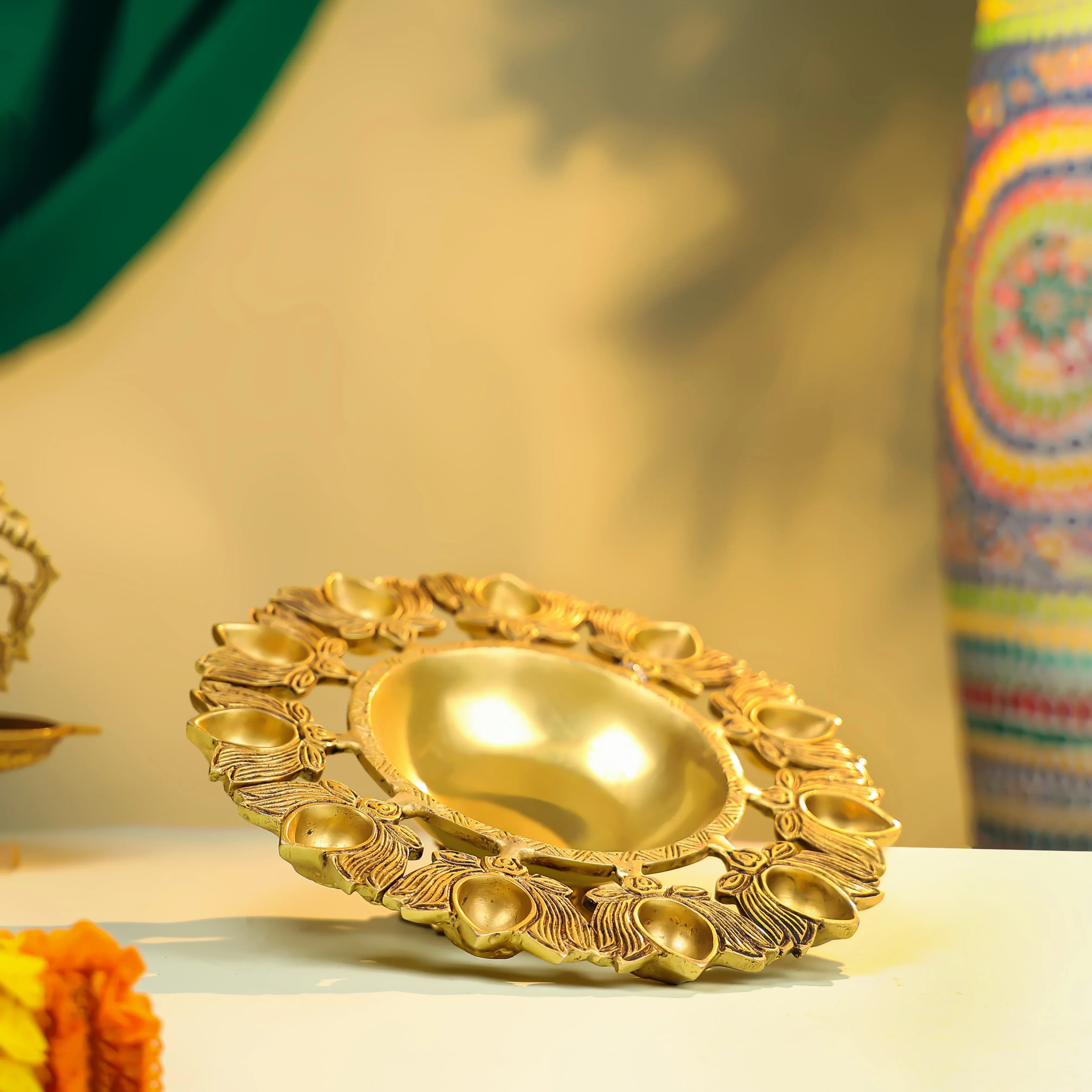 9" Brass Eleven Lotus Diya Urli - Image 6