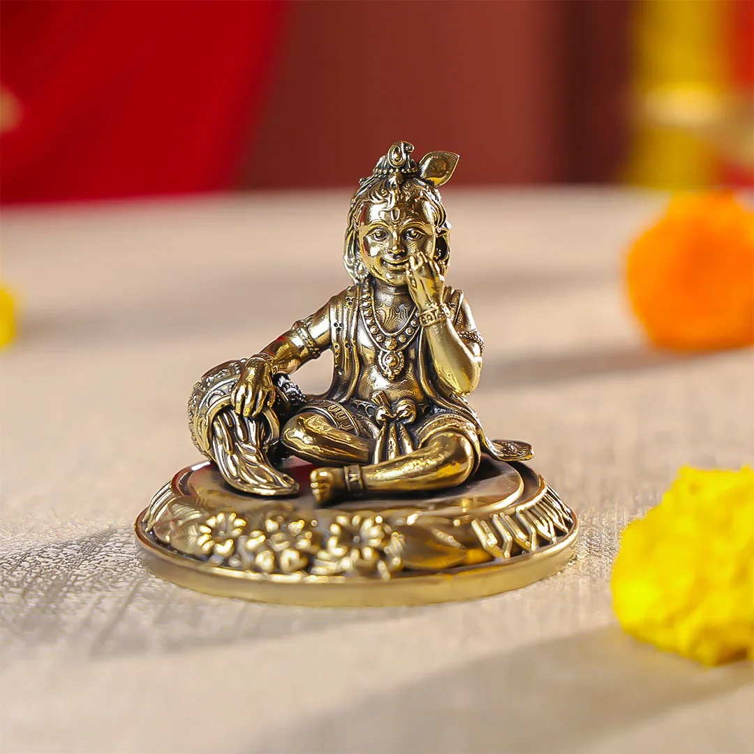 3" Brass Premium Finish Krishna Makhan Chor Idol - Image 2