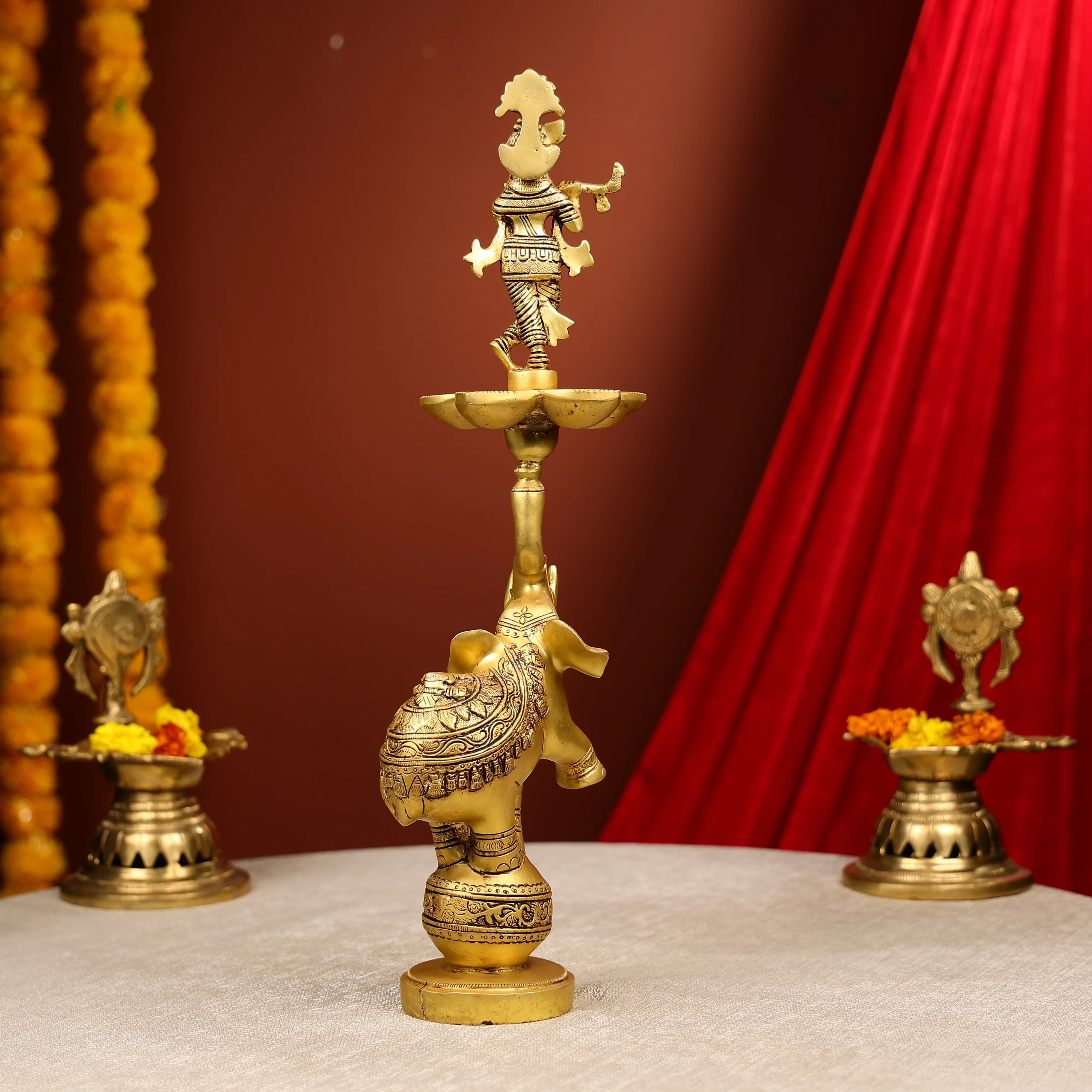 Brass Fluting Krishna On Elephant Five-Wick Diya - Image 3
