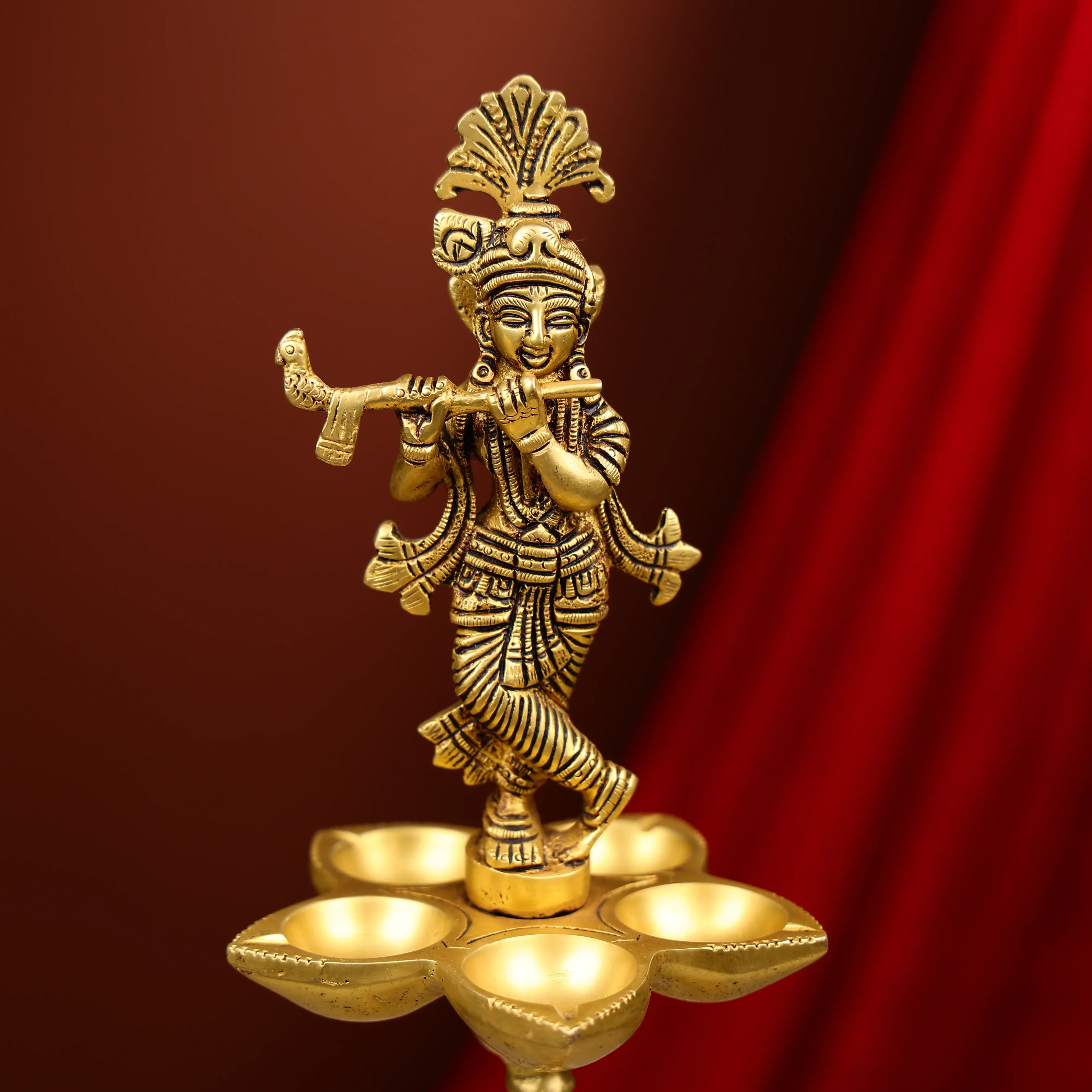 Brass Fluting Krishna On Elephant Five-Wick Diya - Image 4