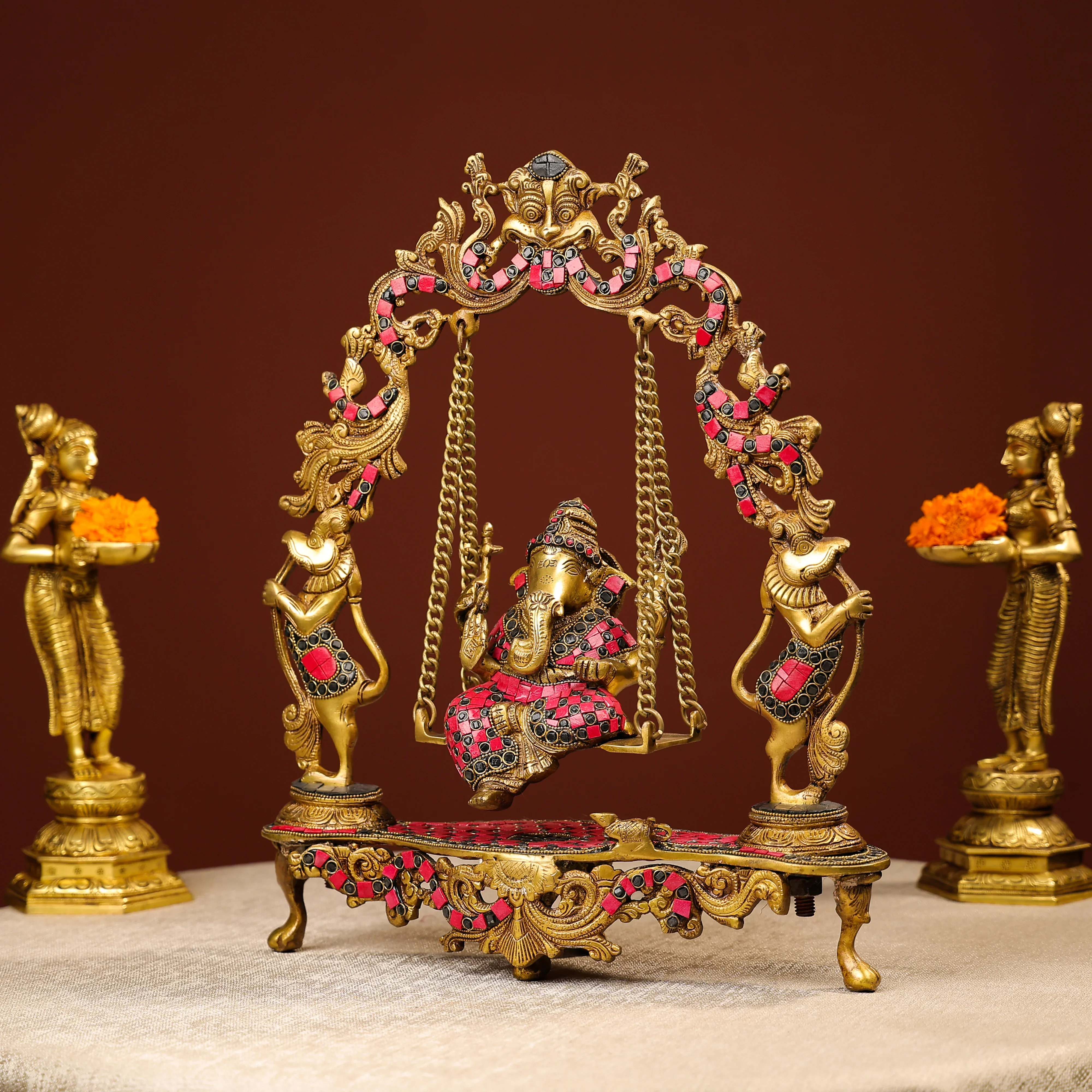 Brass Ganesh On Swing With Colourful Stonework - Image 2