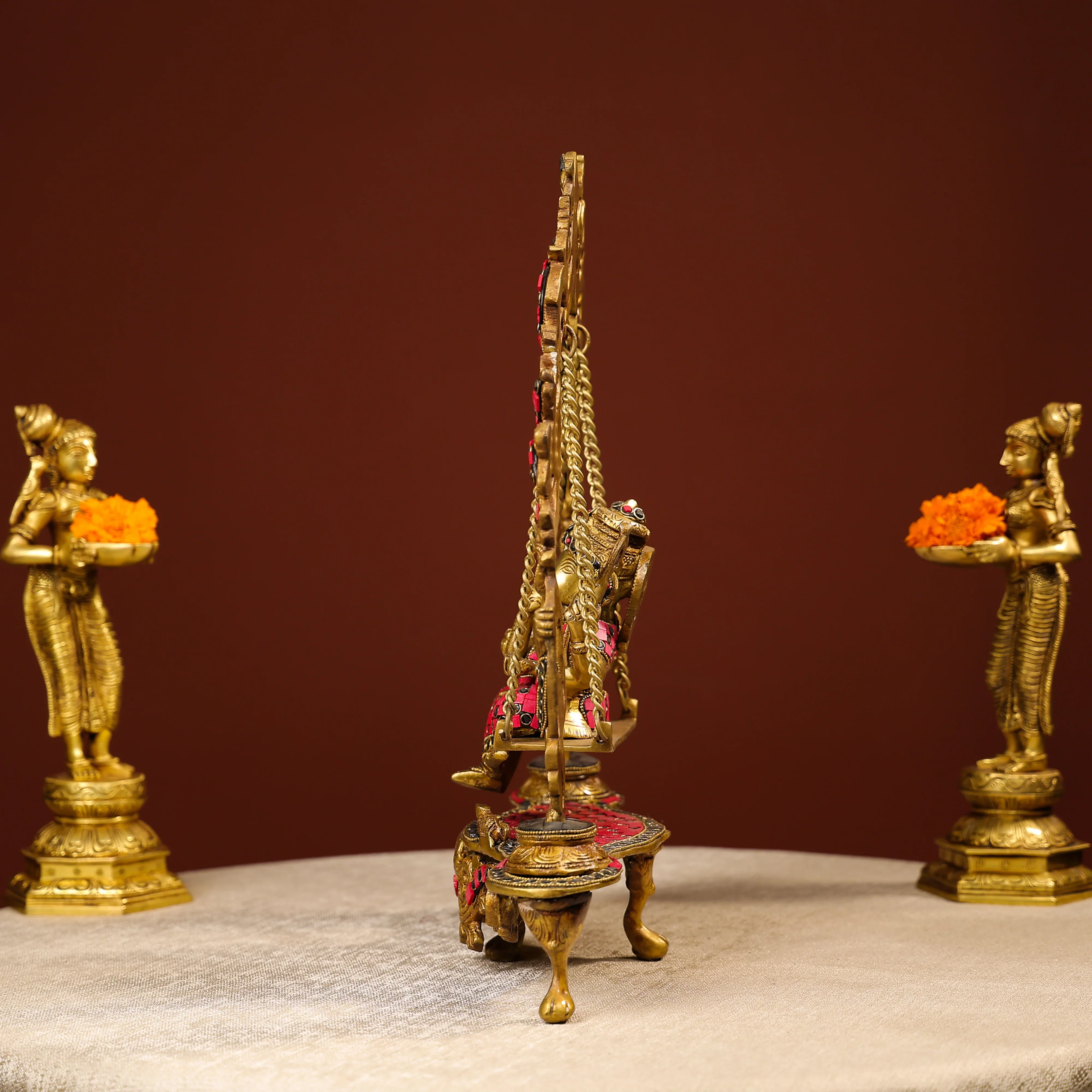 Brass Ganesh On Swing With Colourful Stonework - Image 3