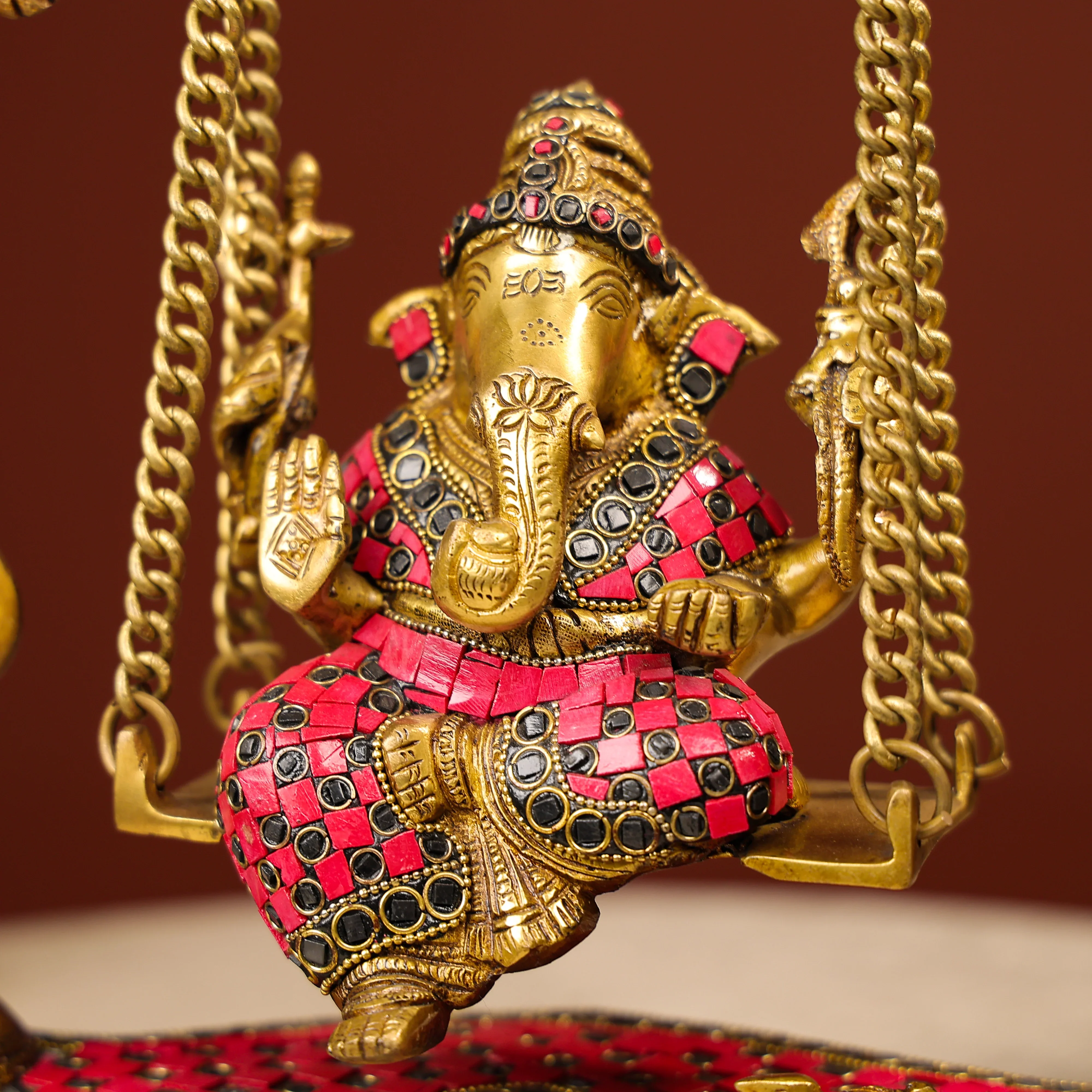 Brass Ganesh On Swing With Colourful Stonework - Image 8