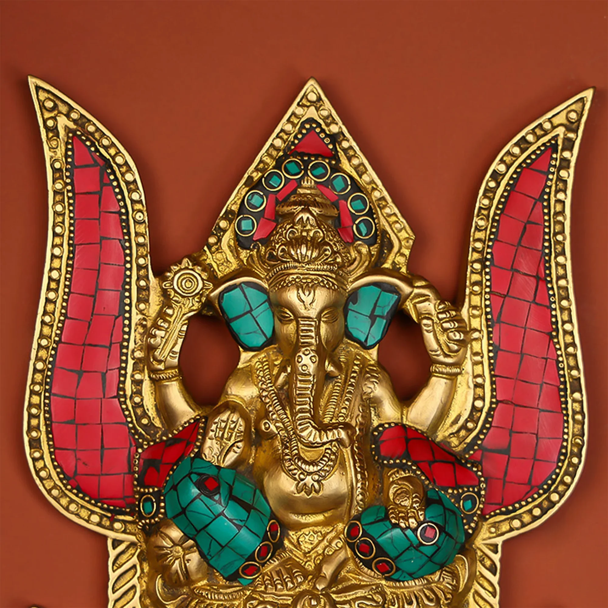Brass Ganesha Wall Hanging With Stone Work - Image 3