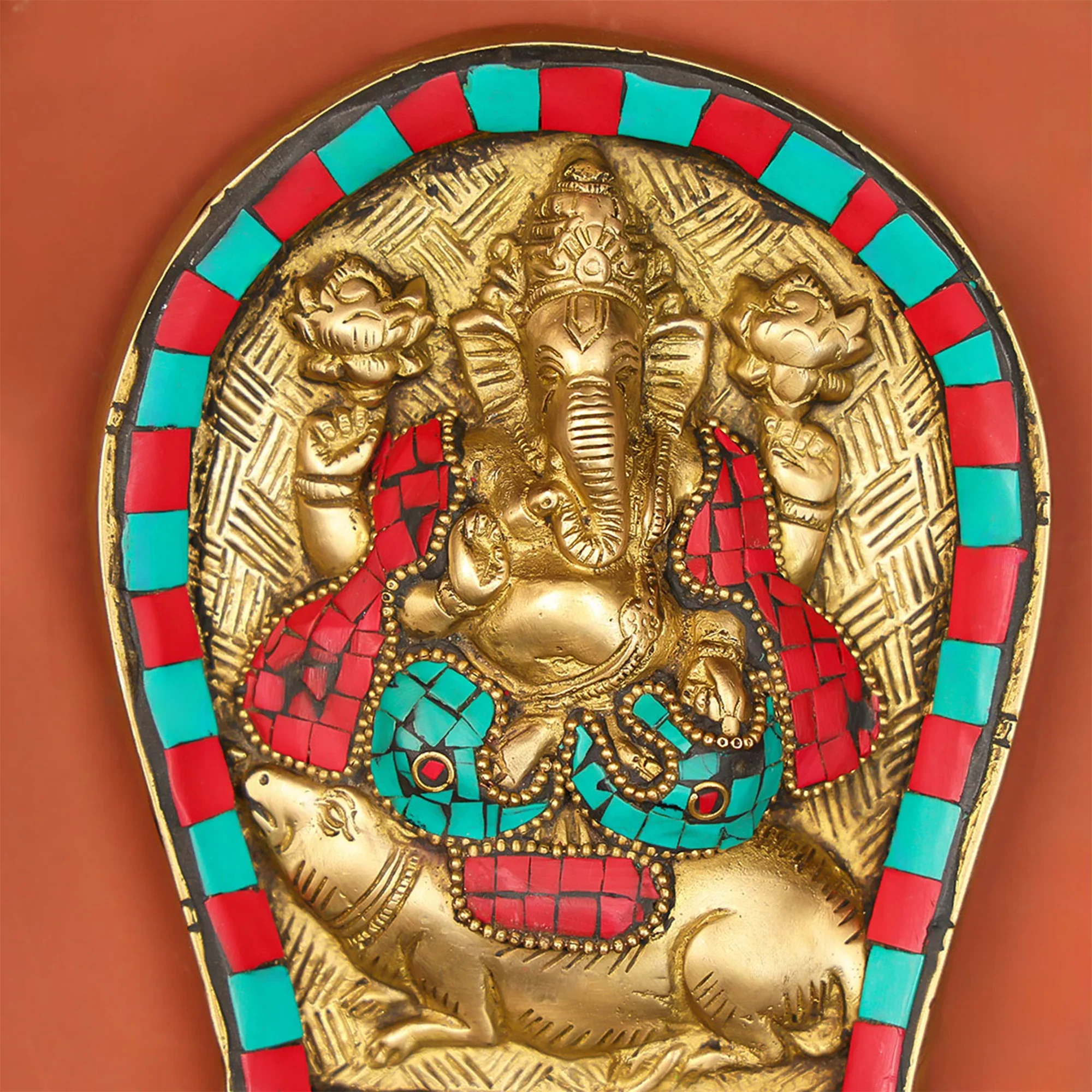 Brass Ganesha Wall Hanging With Stonework - Image 3