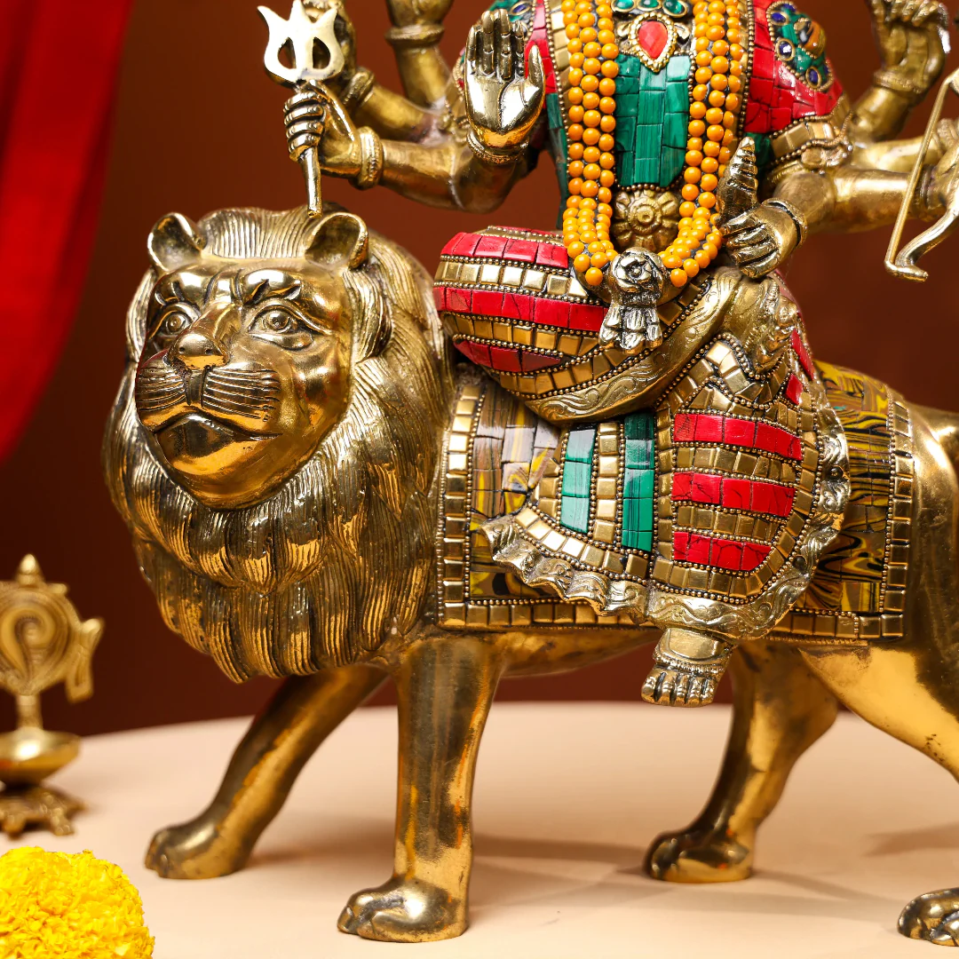 Brass Goddess Durga Antique Idol With Stone Work - Image 3