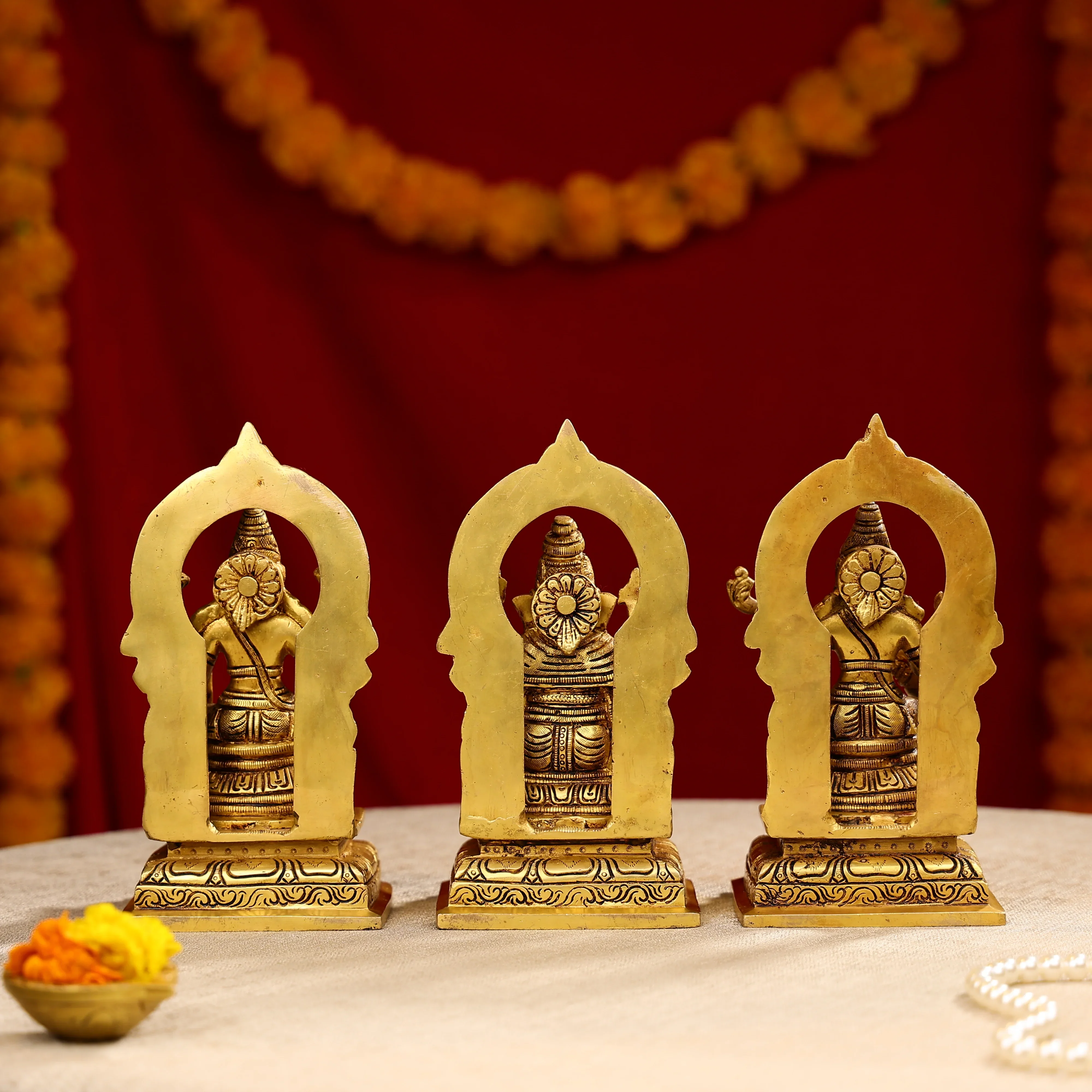 8" Super Fine Brass Goddess Lakshmi, Lord Ganesha & Goddess Saraswati Idols Seated on Throne - Image 3